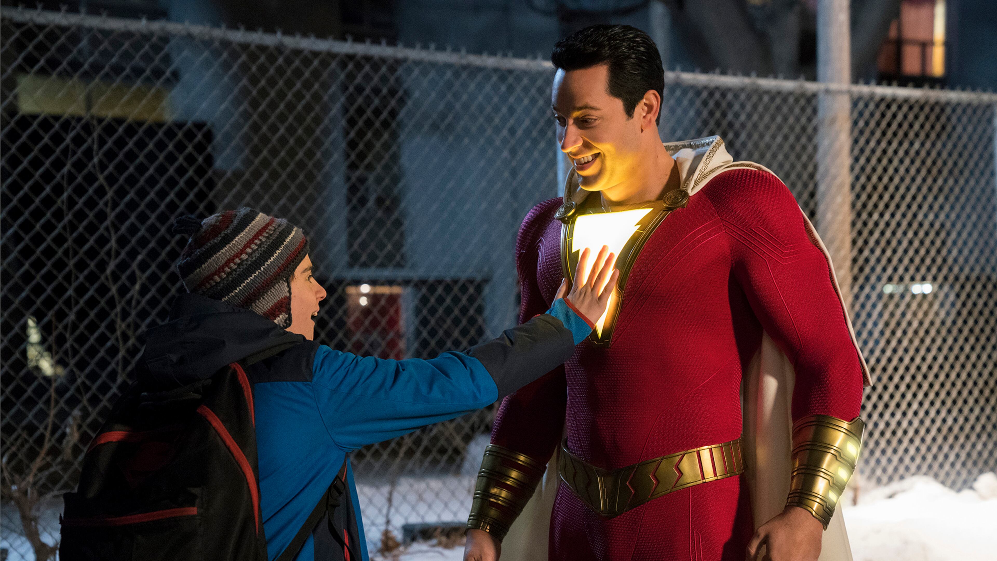 Jack Dylan Grazer portrays Freddy Freeman and Zachary Levi is the title character in “Shazam!” Steve Wilkie, Warner Bros. Pictures/DC Comics