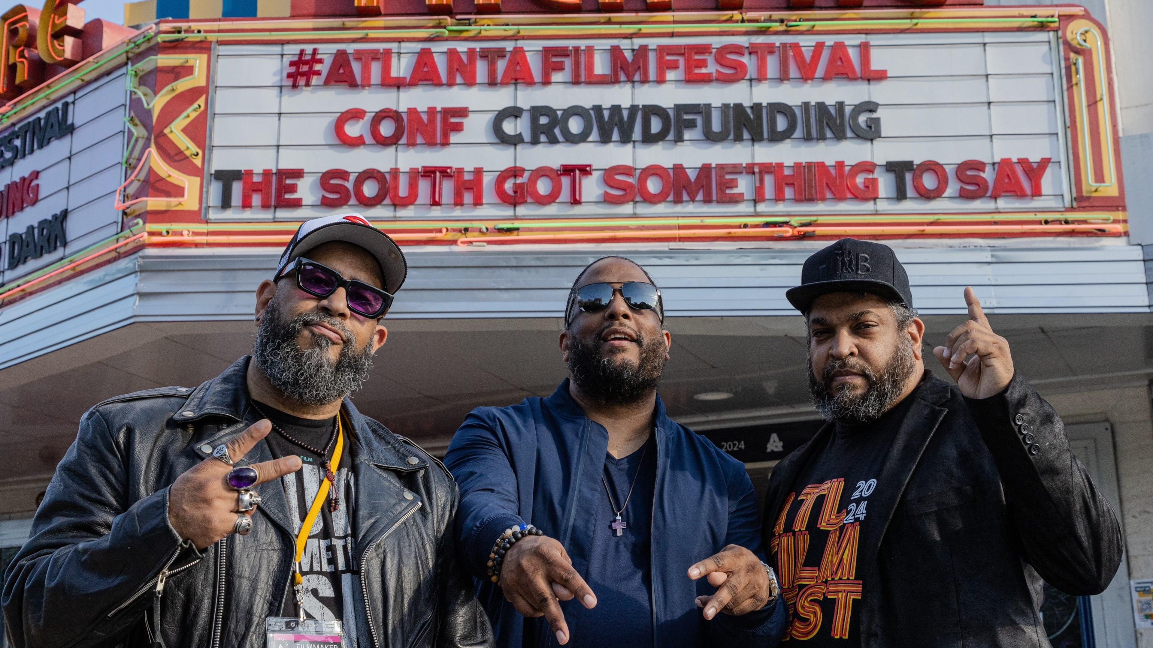 AJC filmmakers Tyson Horne, left, and Ryon Horne, center, are joined by fellow filmmaker brother Byron Horne before the screening of "The South Got Something to Say" during the Atlanta Film Festival at the Plaza Theater on May 1, 2024.
