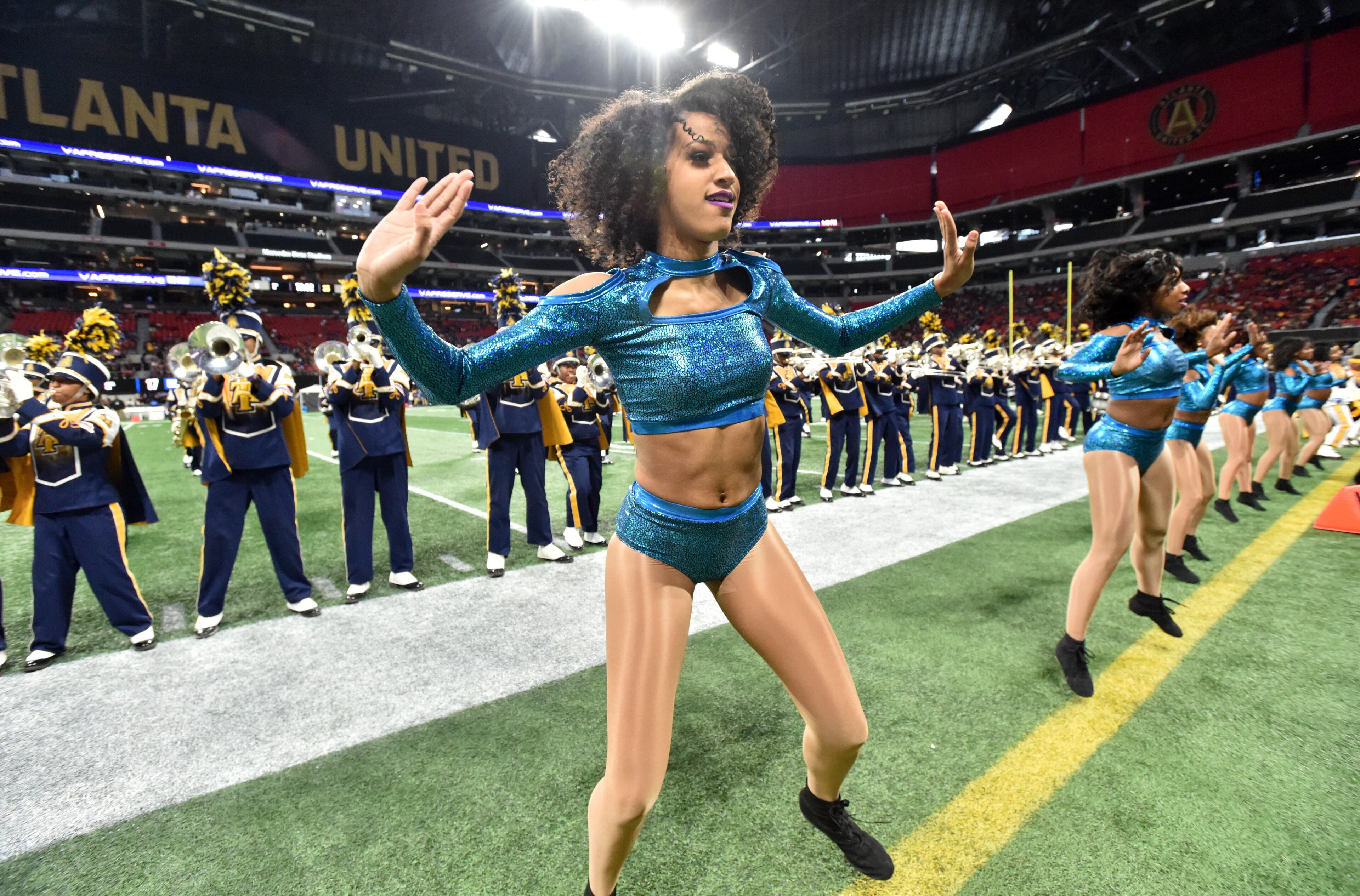 December 15, 2018 Atlanta - North Carolina A&T marching band members perform during the 2018 Celebration Bowl at Mercedes-Benz Stadium on Saturday, December 15, 2018. HYOSUB SHIN / HSHIN@AJC.COM
