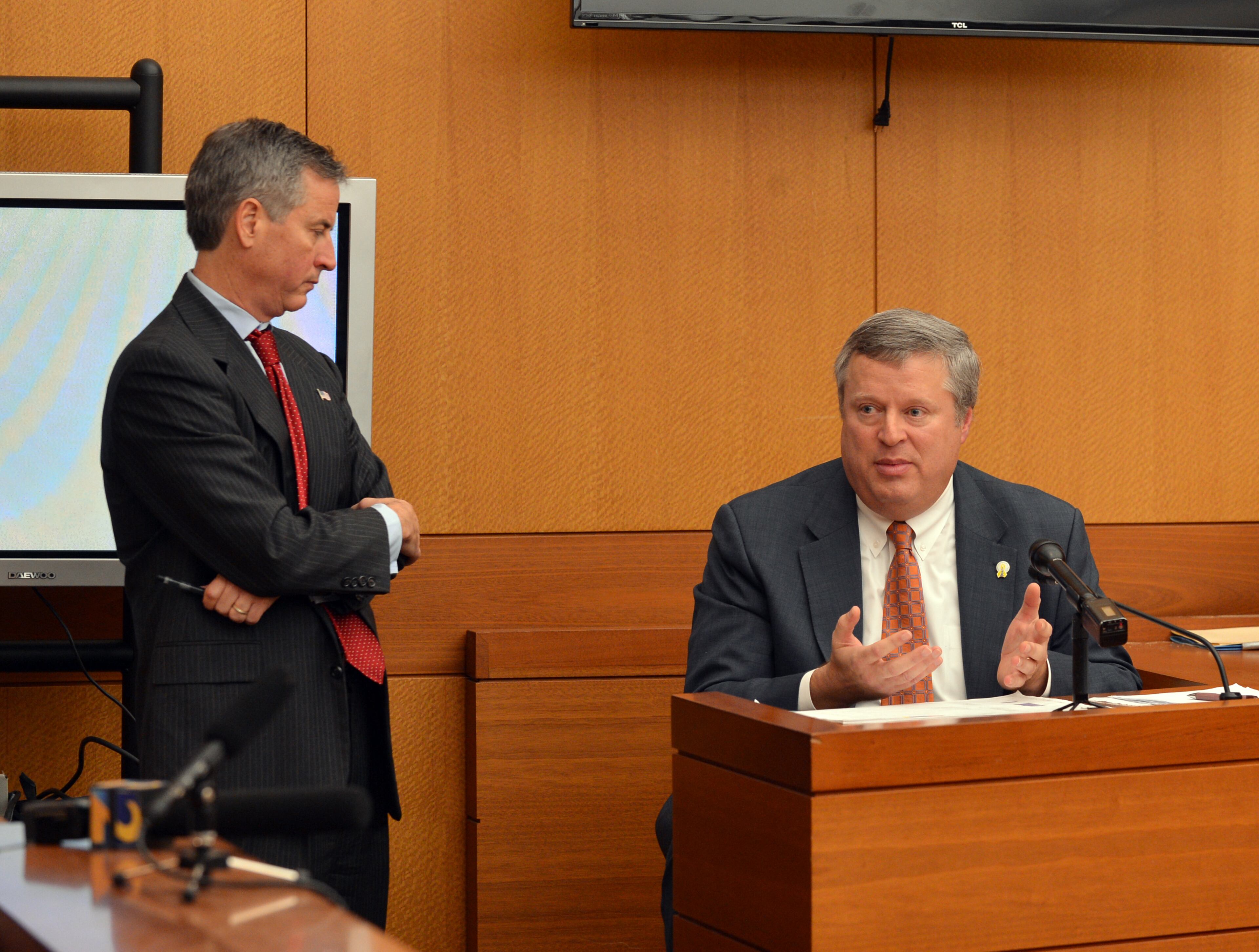 Sen. Don Balfour, R-Snellville answers questions from his attorney Ken Hodges Wednesday December 18, 2013. Balfour is charged with filing false expense claims and theft. Balfour has said he made mistakes on his expense reports but did nothing wrong intentionally. BRANT SANDERLIN /BSANDERLIN@AJC.COM