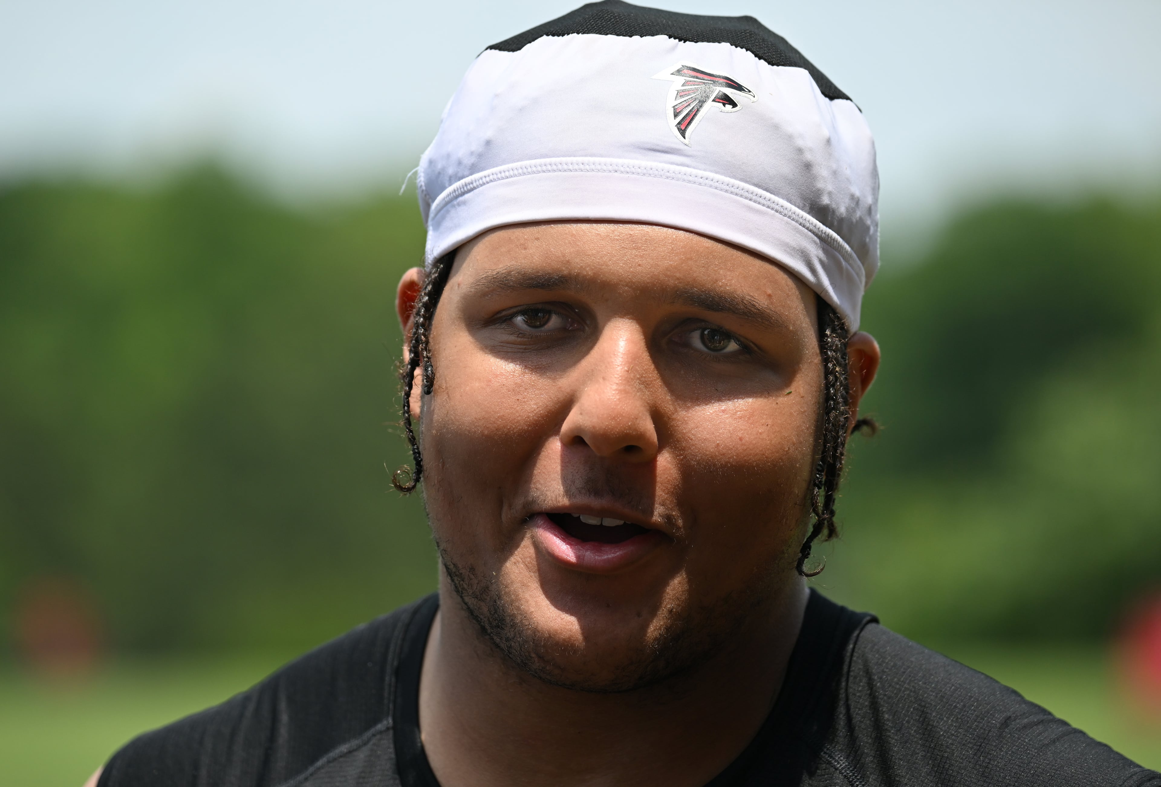 Atlanta Falcons Matthew Bergeron speak to members of the press after Day 2 of Falcons rookie minicamp at Atlanta Falcons Training Facility, Saturday, May 13, 2023, in Flowery Branch. (Hyosub Shin / Hyosub.Shin@ajc.com)
