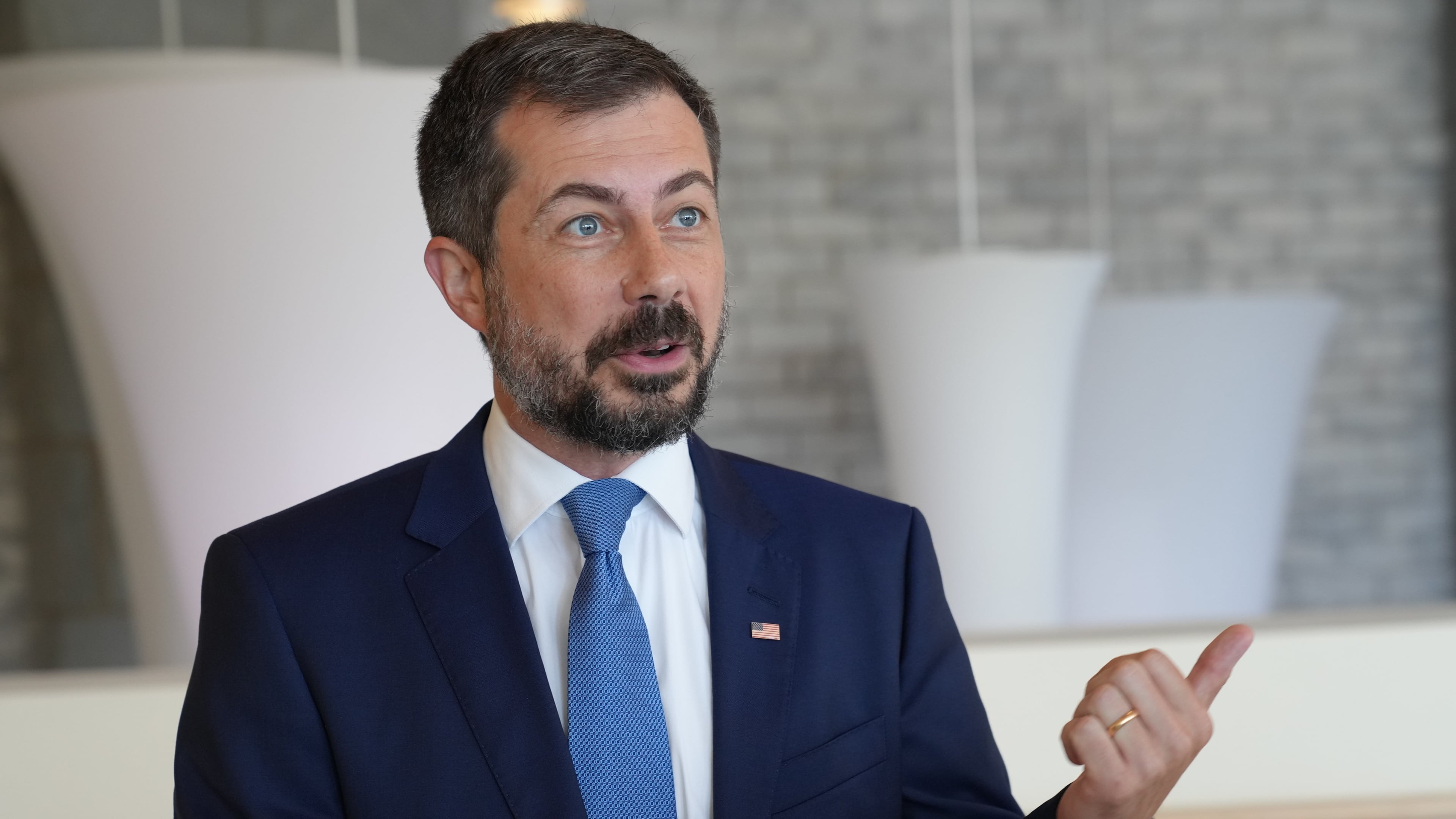 Former Transportation Secretary Pete Buttigieg speaks to reporters after speaking at the South Carolina Democratic Party's Spratt Issues Conference, Saturday, Aug. 22, 2026, in Florence, S.C. (AP Photo/Meg Kinnard)