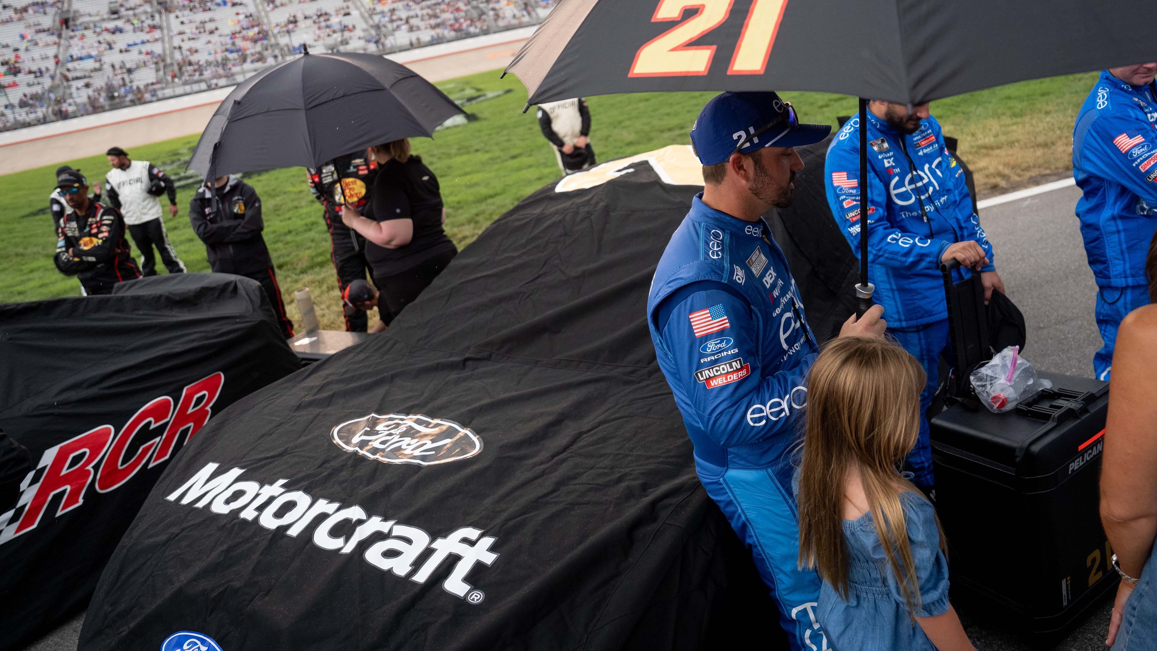Josh Berry waits out the rain before a NASCAR Cup Series auto race, Sunday, May 31, 2026, in Lebanon, Tenn. (AP Photo/Camden Hall)