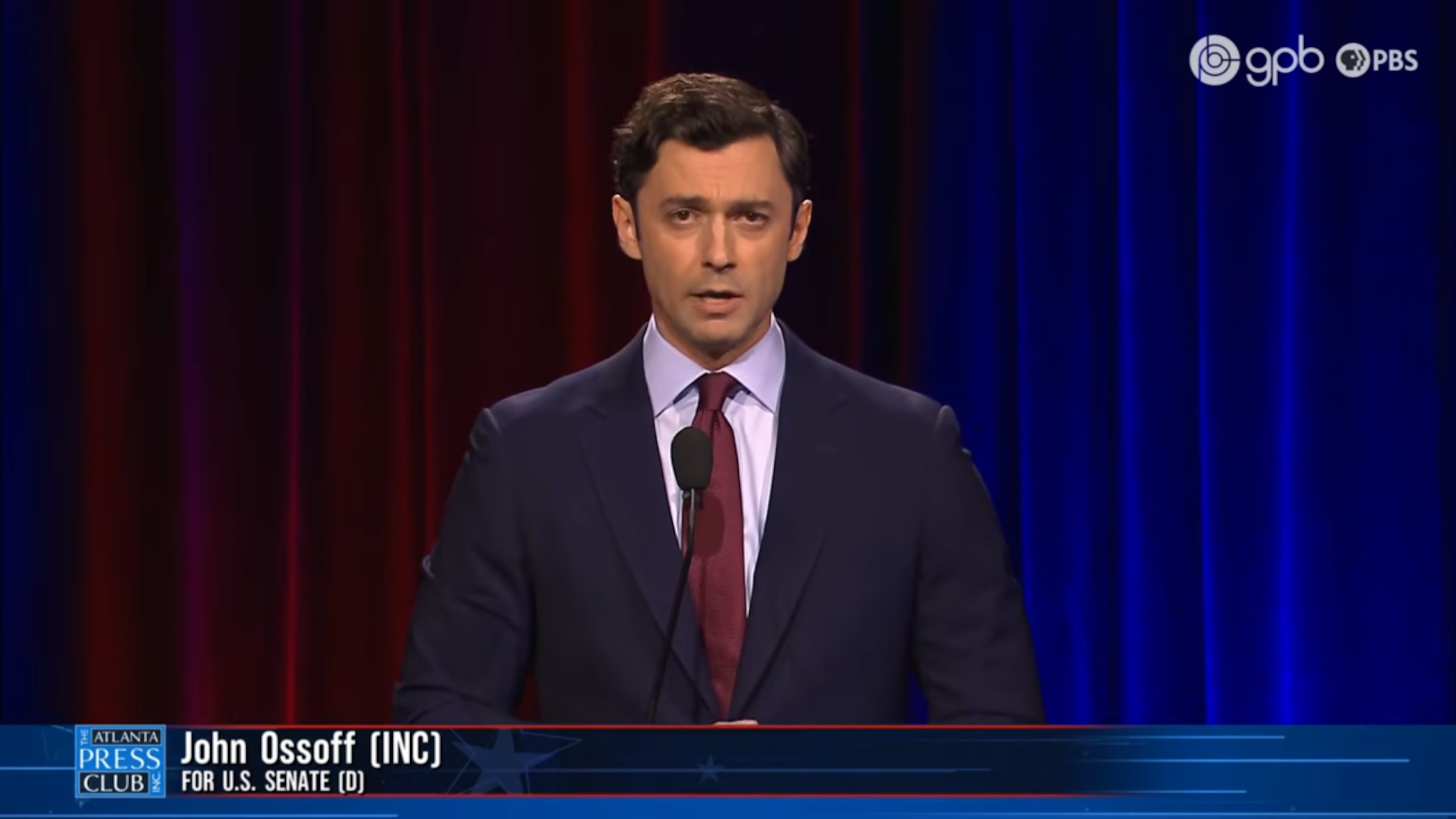U.S. Sen. Jon Ossoff's name was misspelled in the chyron at the start of the Atlanta Press Club's Georgia U.S. Senate debate on Tuesday. (Screenshot/YouTube)