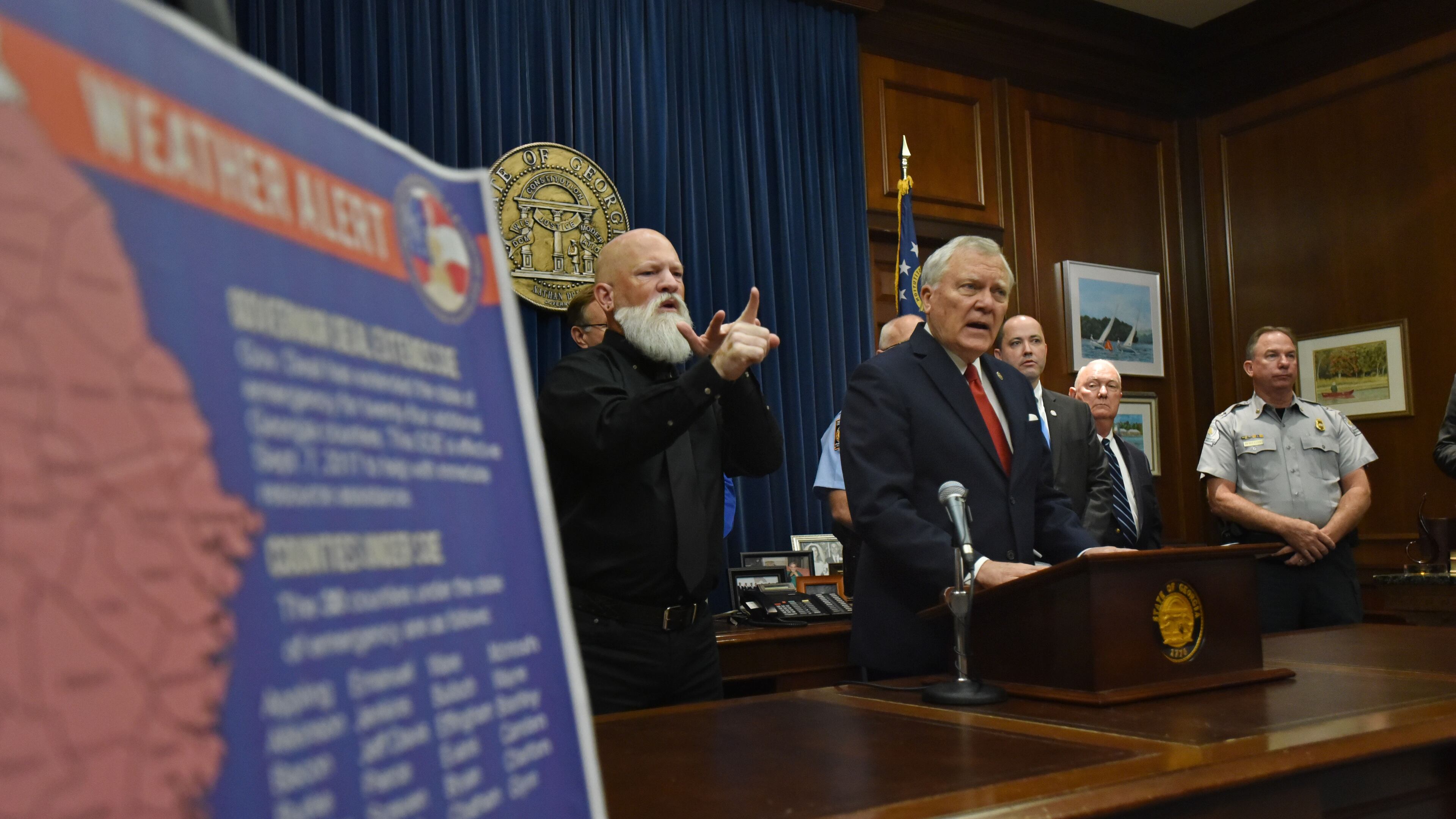 September 8, 2017 Atlanta - Gov. Nathan Deal speaks to members of the press during a news conference to provide Hurricane Irma updates and outline the stateâs emergency preparedness and response efforts at The Georgia State Capitol on Friday, September 8, 2017. HYOSUB SHIN / HSHIN@AJC.COM