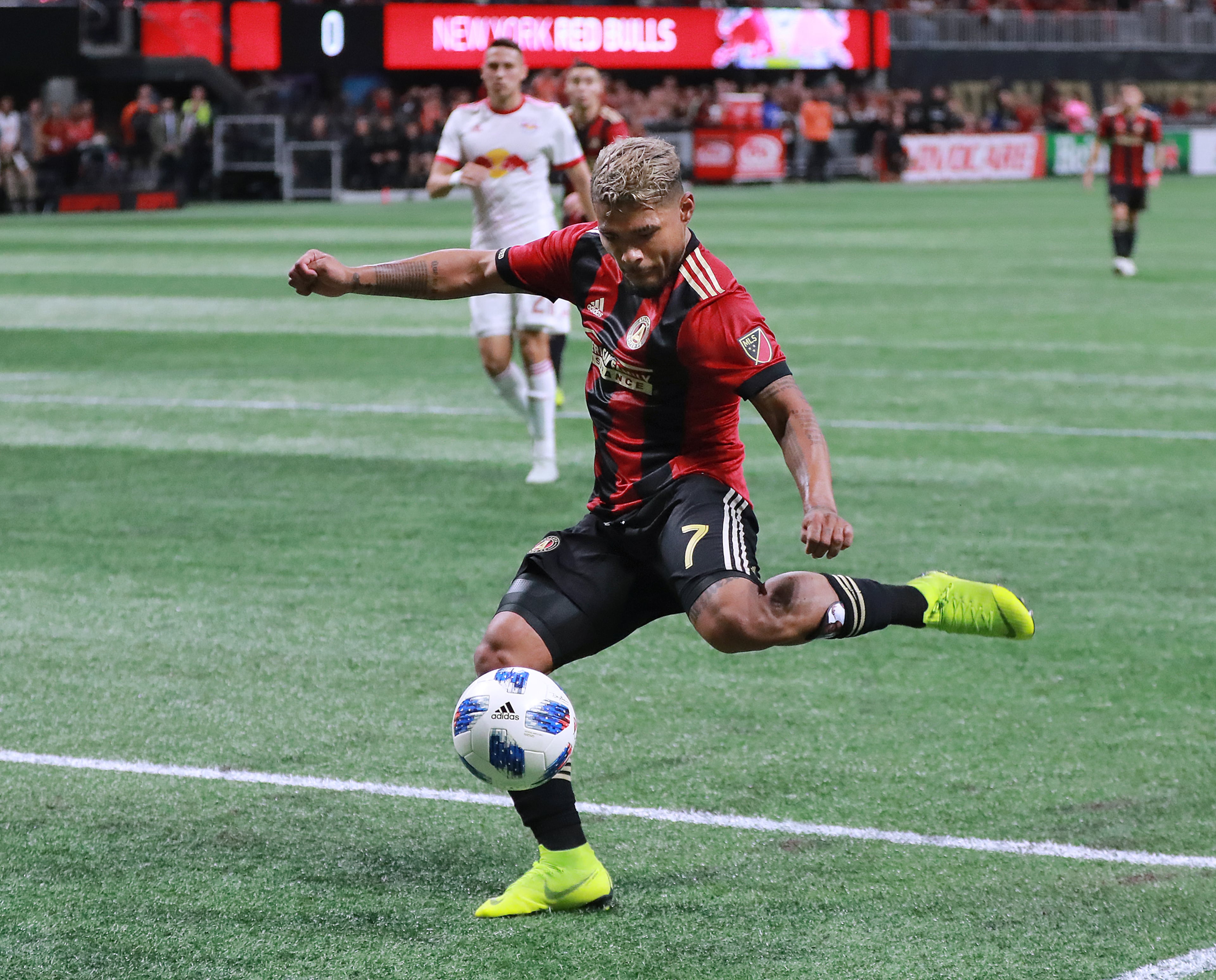 Atlanta United forward Josef Martinez scores a goal during the first half of Sunday's Eastern Conference finals matchup against the New York Red Bulls at Mercedes-Benz Stadium. (Curtis Compton/ccompton@ajc.com).