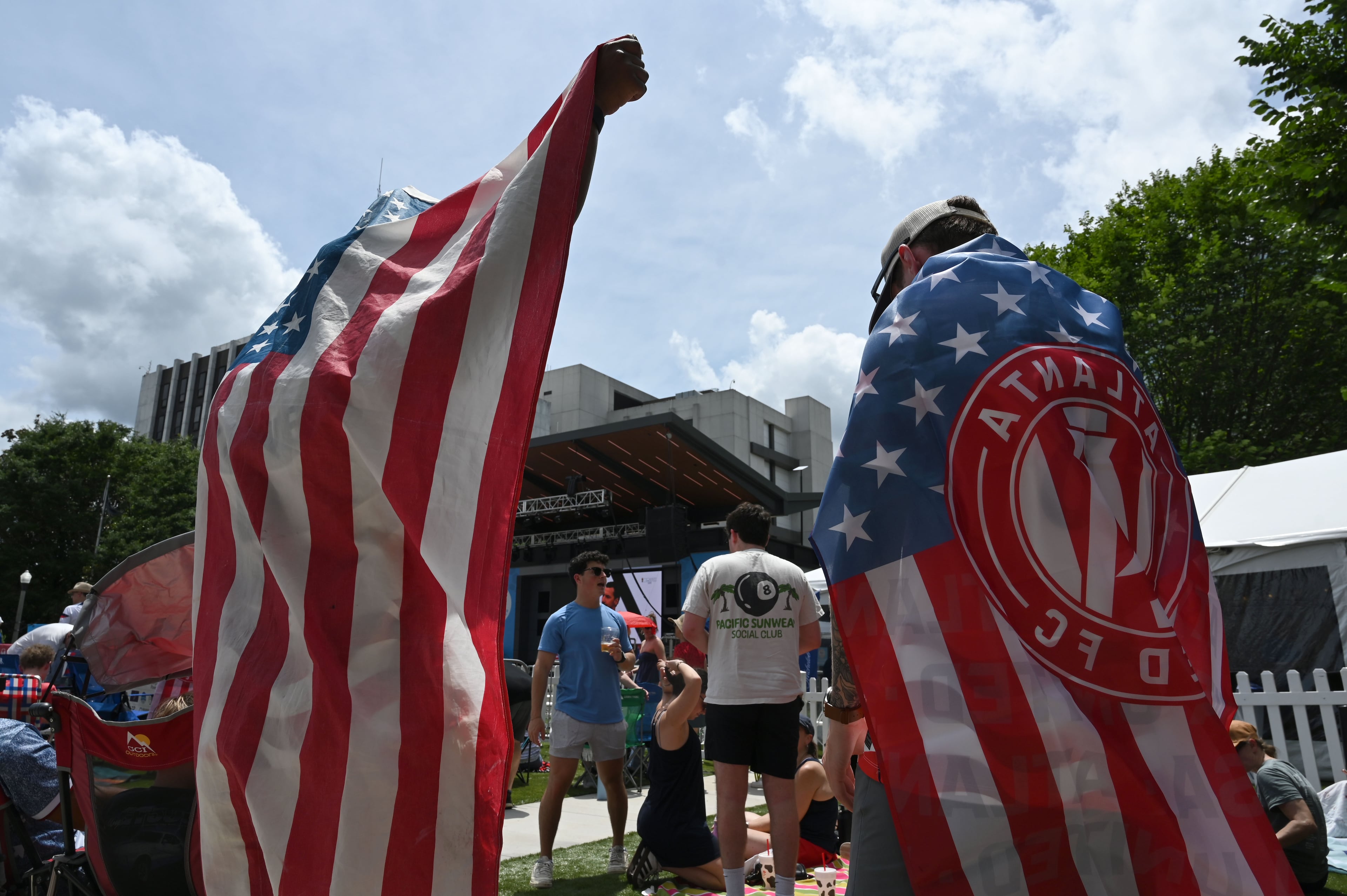 US soccer fans mingle before the USA vs. Australia game during Decatur WatchFest at Decatur Square on Friday, June 19, 2026. (Hyosub Shin/AJC)