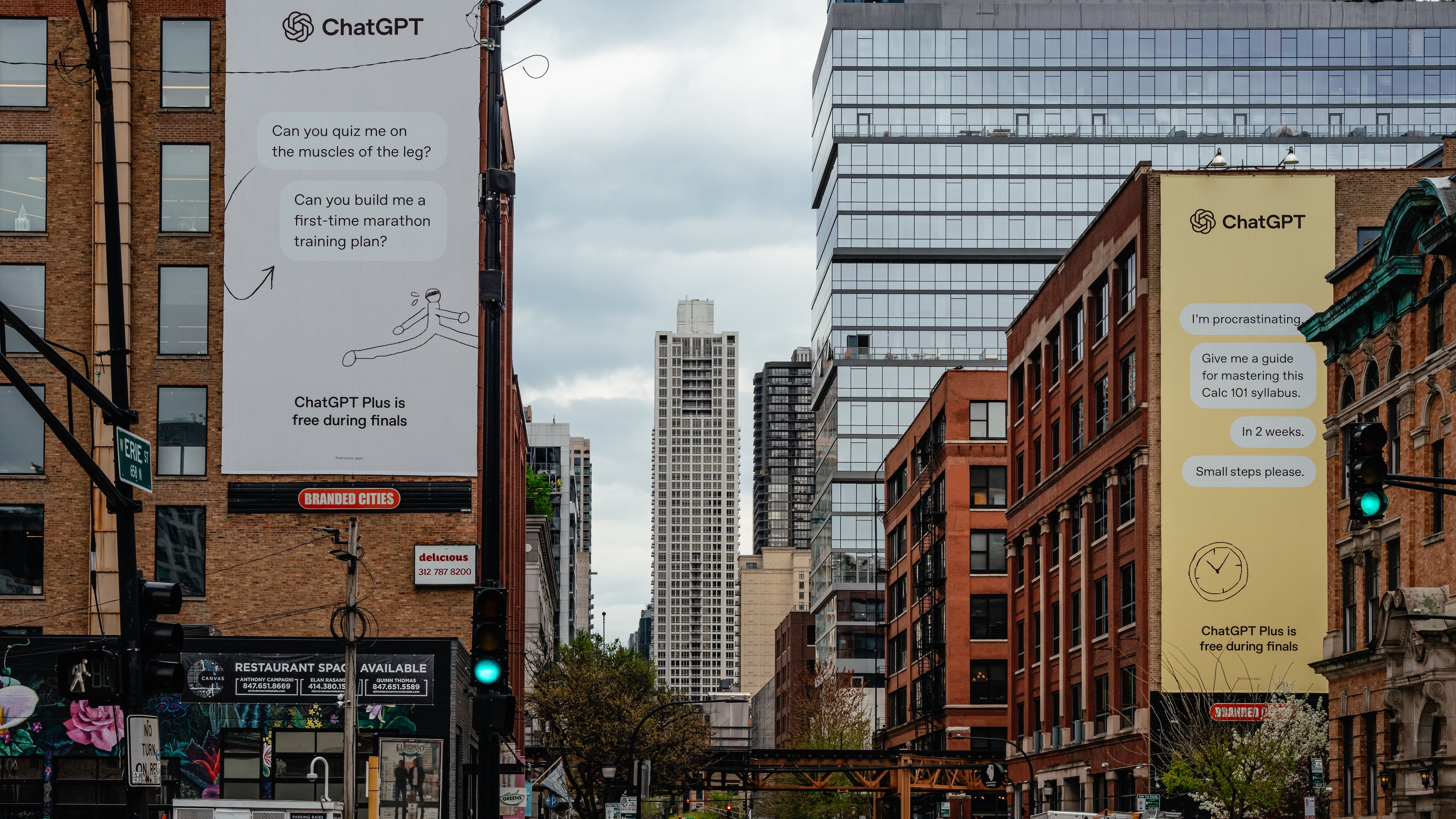 Billboards for ChatGPT’s ad campaign aimed at college students hang on buildings in Chicago’s River North neighborhood on April 23, 2025. OpenAI, the firm that helped spark chatbot cheating, wants to embed artificial intelligence in every facet of college. (Jamie Kelter Davis/The New York Times)