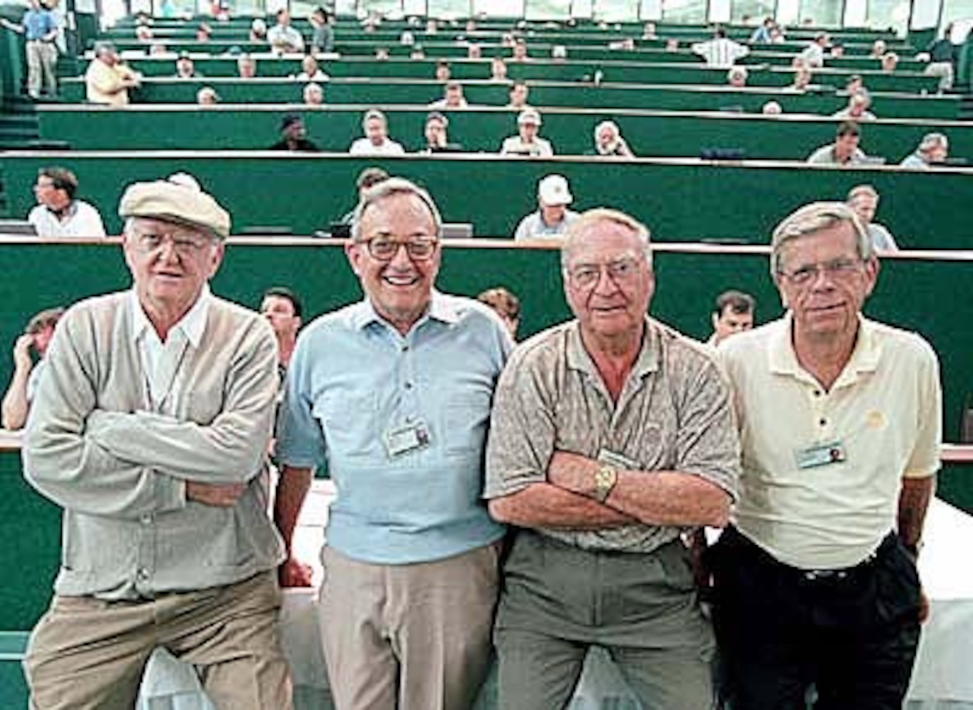 Sportswriting veterans Dan Jenkins, Edwin Pope, Furman Bisher and Ron Green at the press center at Augusta National during the 1999 Masters.