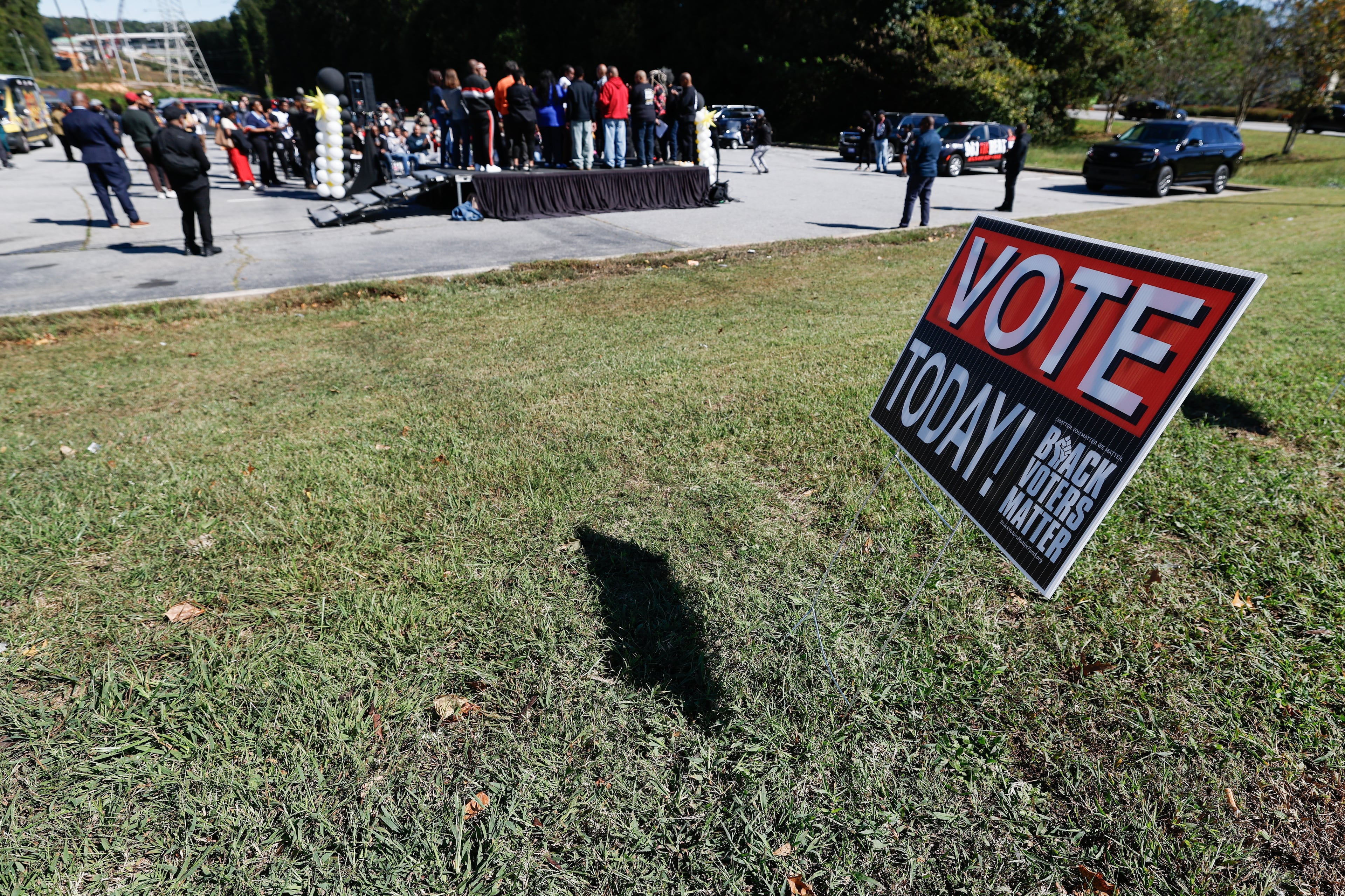 People participate in a Black Voters Matter “No Kings: Vote Early Atlanta” event at the Cascade Family Skating rink on Saturday, Oct. 17, 2026, in Atlanta. (Erik S. Lesser for the AJC)