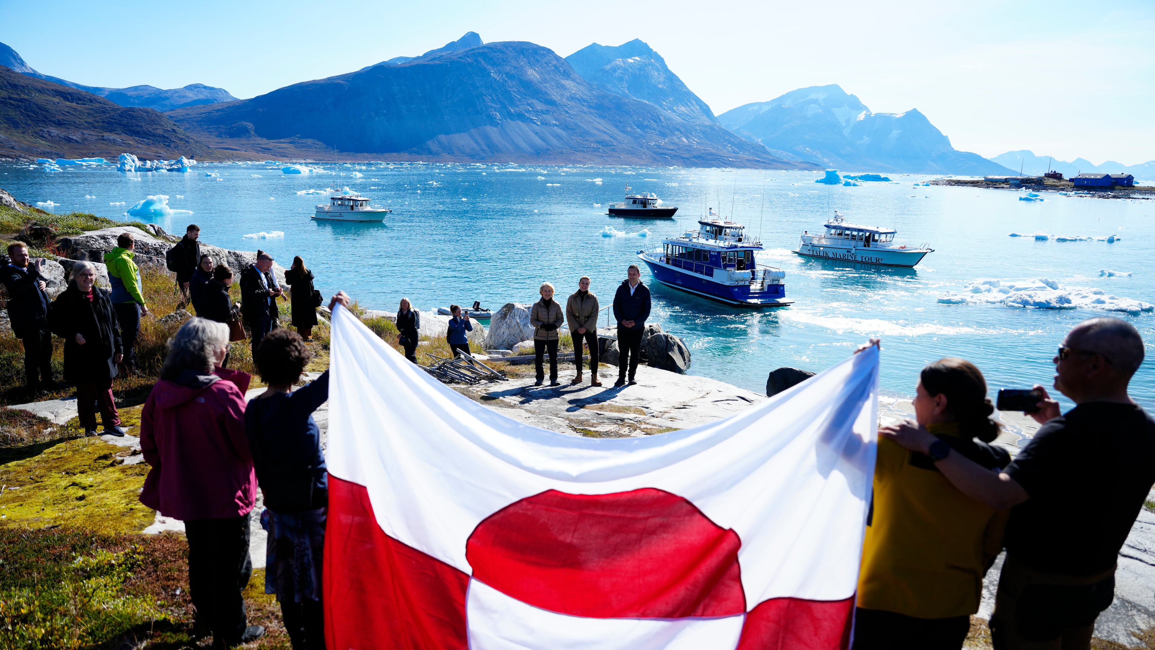 FILE - Denmark's Prime Minister Mette Frederiksen, Greenland's government leader Jens-Frederik Nielsen, and President of the European Commission Ursula von der Leyen visit Qoornoq, Greenland on Sept. 6, 2026. (Mads Claus Rasmussen/Ritzau Scanpix via AP, File)