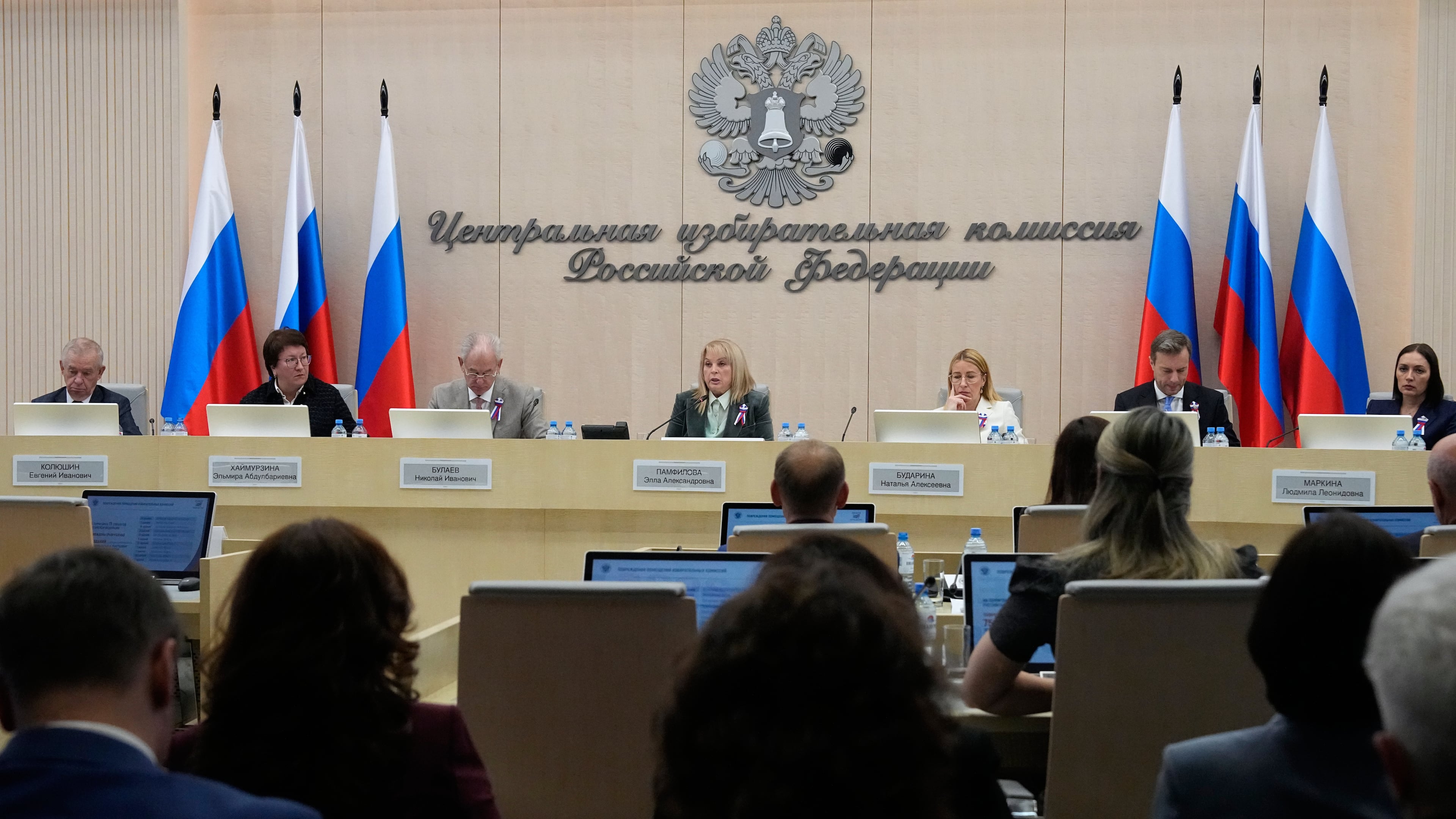 Ella Pamfilova, head of Russia's Central Election Commission, center, reports the official results of Russia's parliamentary elections at the commission's meeting in Moscow, Russia, Friday, Sept. 25, 2026. (AP Photo/Alexander Zemlianichenko)
