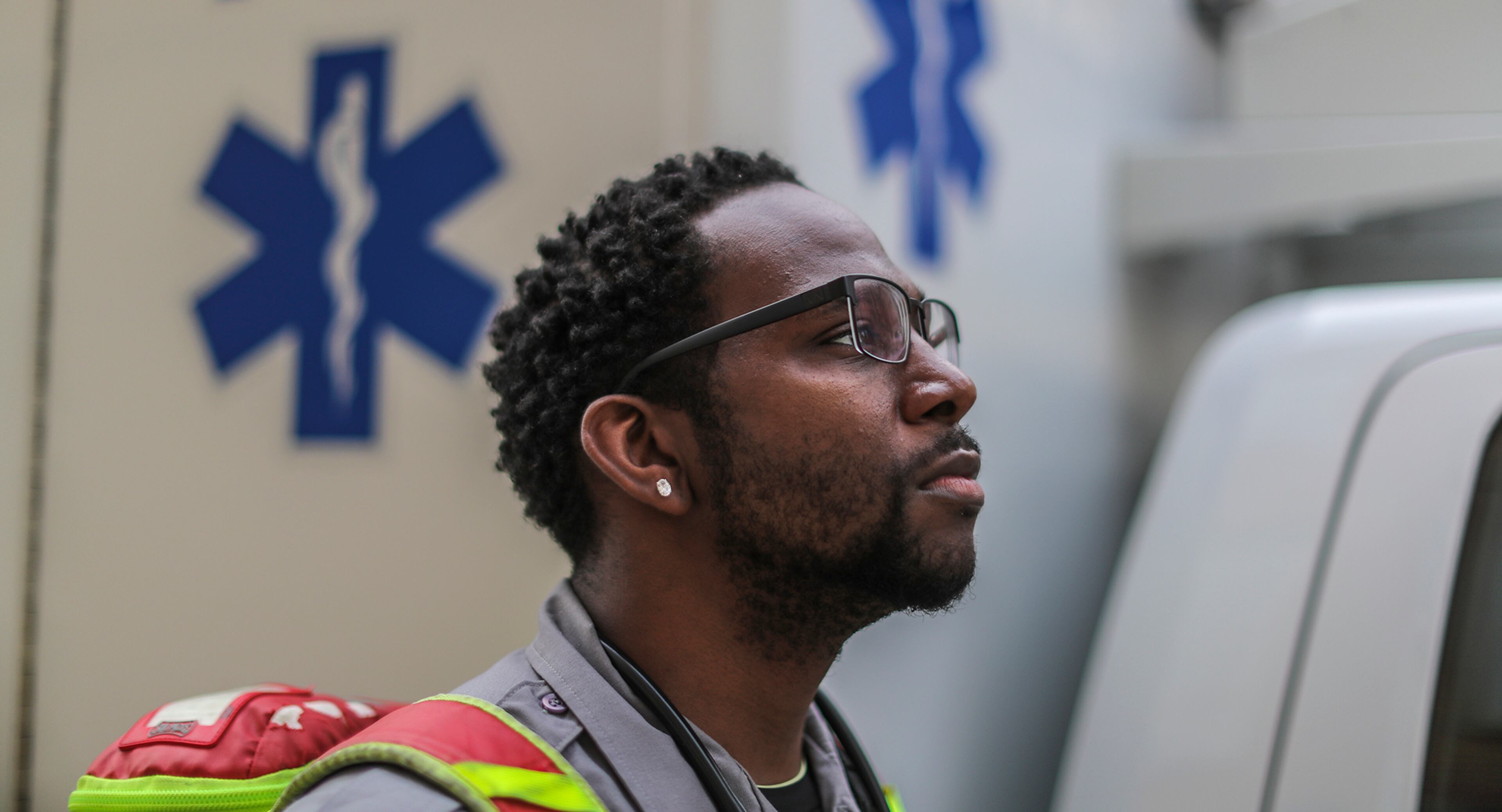 May 21, 2020 Atlanta: Grady EMS, advanced EMT, Tyrone Seay. Seay commented on what his service has meant to him during the pandemic saying, "Bravery, courage and nerve racking because I do have a little one at the house, so it's always on my mind to wear the proper PPE so I won't take anything back home to my wife or my child." JOHN SPINK/JSPINK@AJC.COM