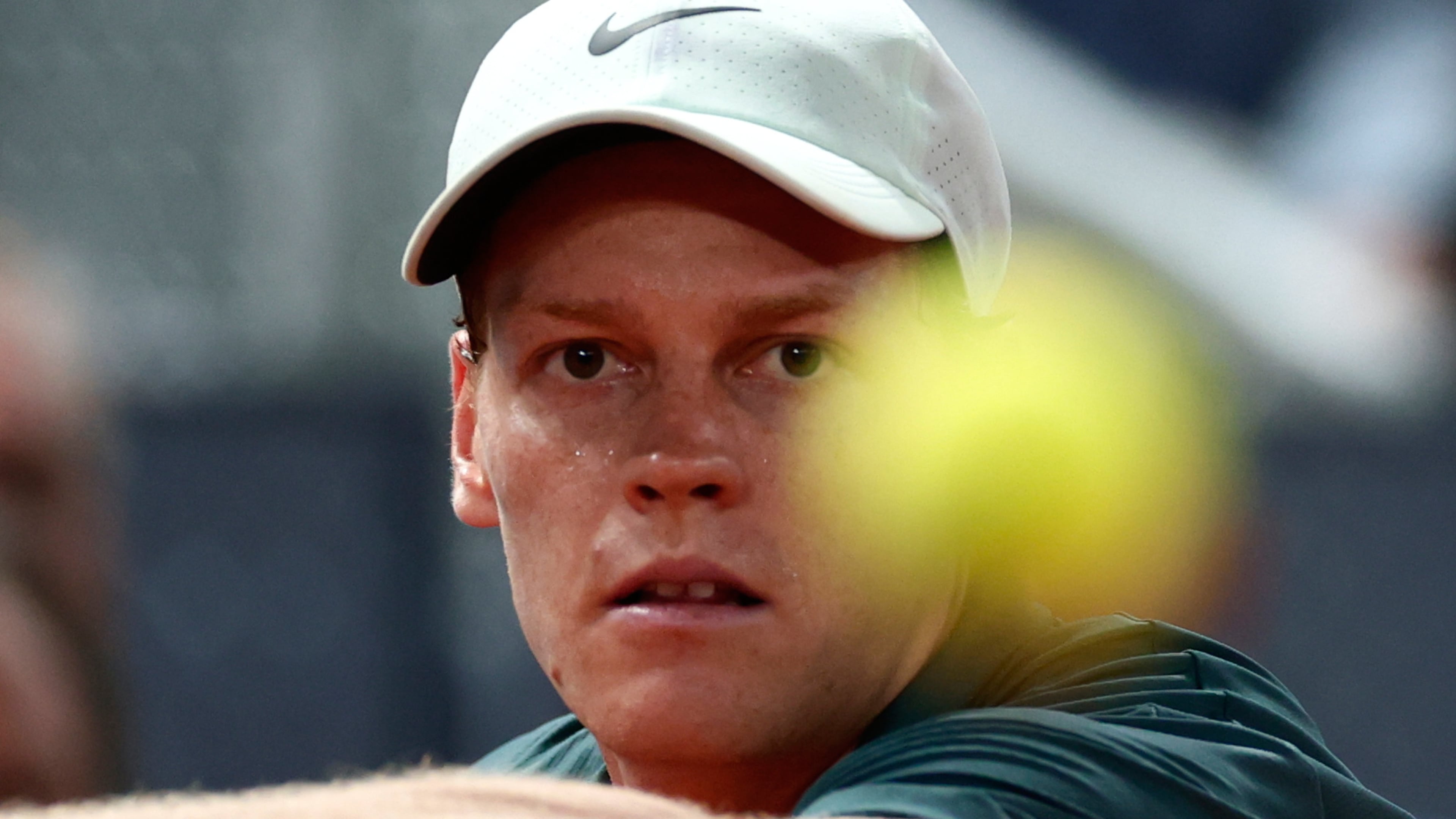 Jannik Sinner of Italy returns the ball to Rafael Jodar of Spain during the Madrid Open tennis tournament in Madrid, Wednesday, April 29, 2026. (AP Photo/Pablo Garcia)