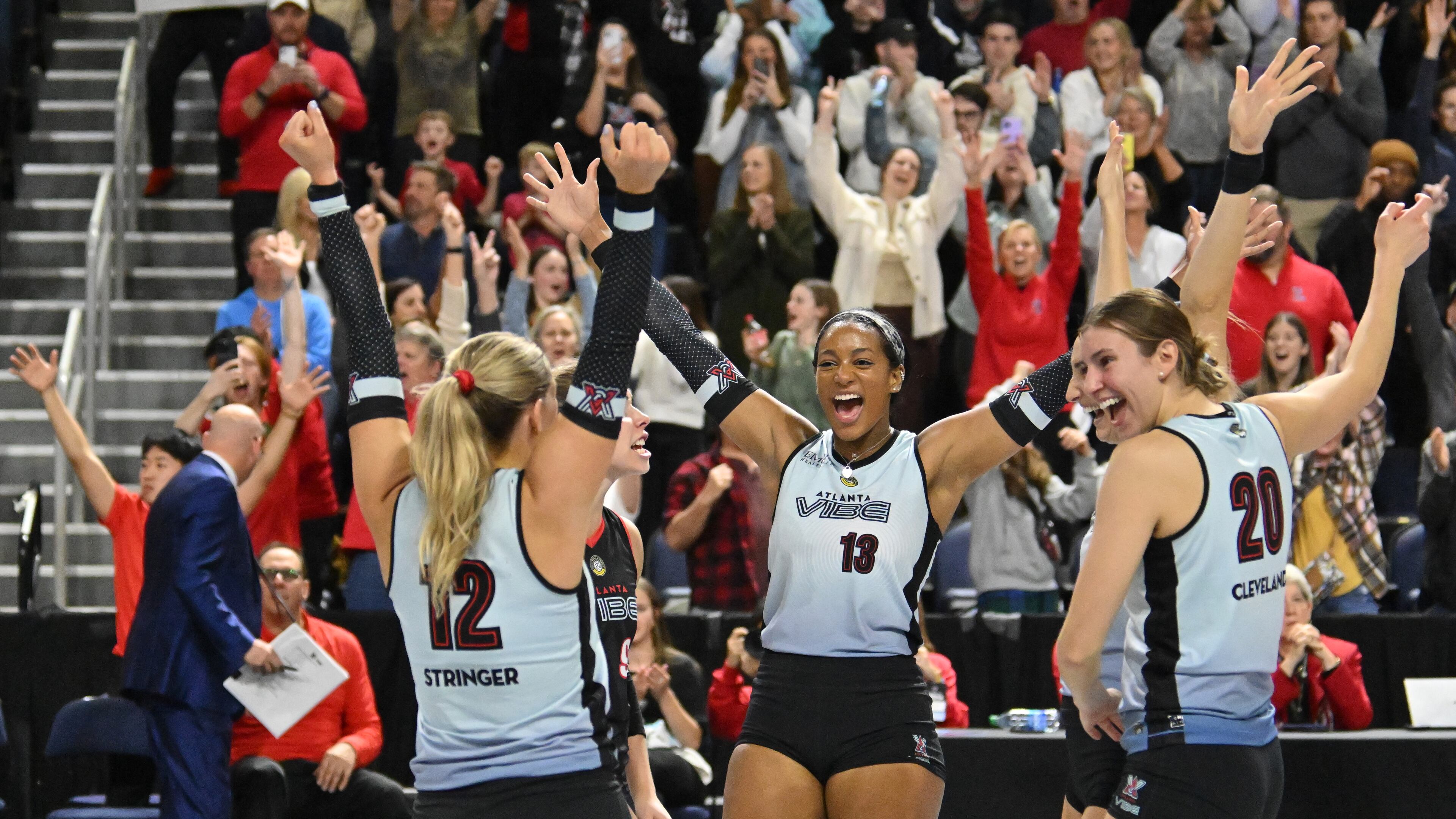 Atlanta Vibe players celebrate their 3-0 win over San Diego Mojo during Atlanta Vibe’s first home opener in a Pro Volleyball Federation game at Gas South Arena, Feb. 1, 2024, in Atlanta. (Hyosub Shin / Hyosub.Shin@ajc.com)