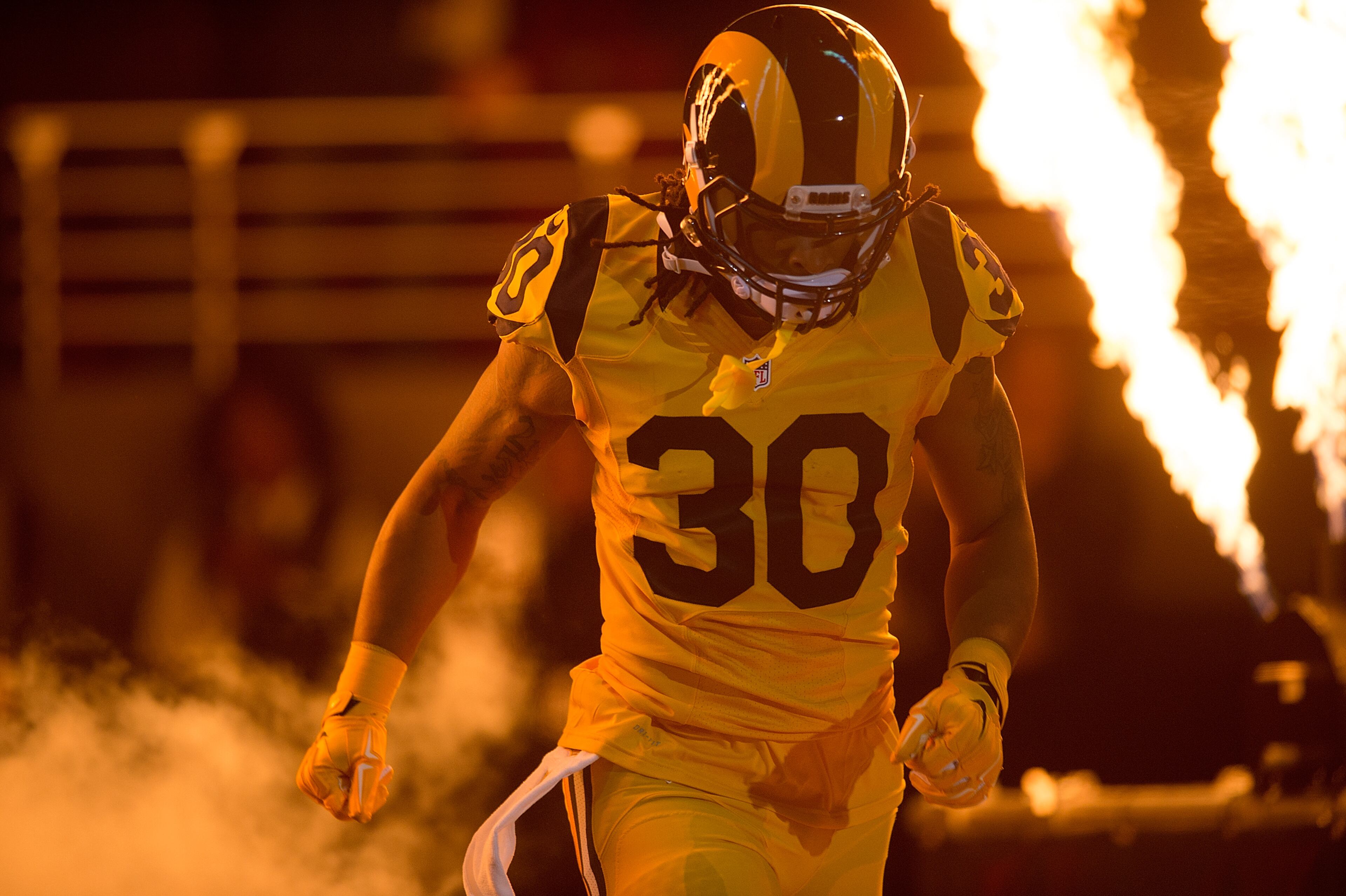 Todd Gurley #30 of the St. Louis Rams takes to the field prior to a game against the Tampa Bay Buccaneers at the Edward Jones Dome on December 17, 2015 in St. Louis, Missouri. (Photo by Michael B. Thomas/Getty Images)
