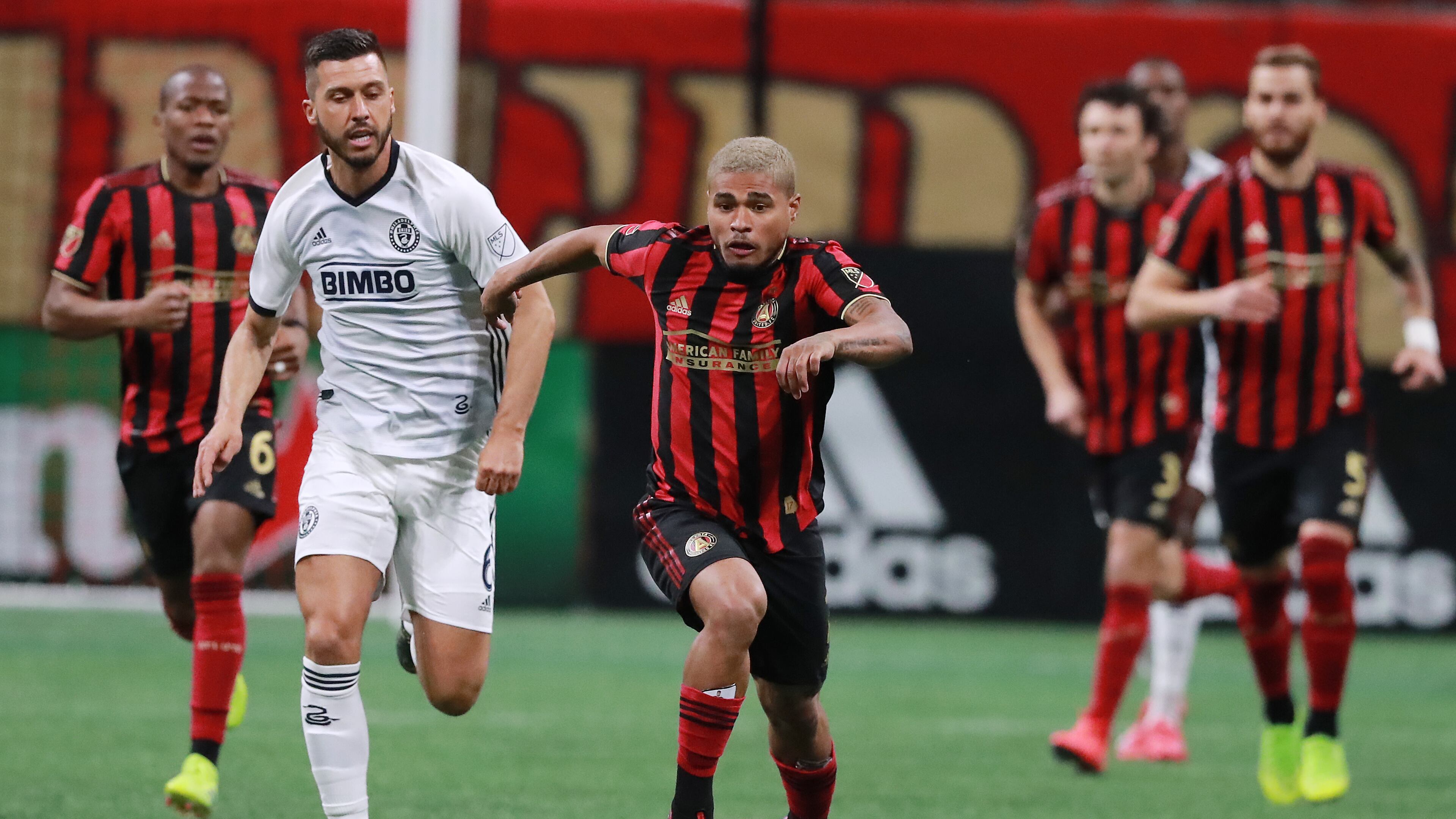 March 17, 2019 Atlanta: Atlanta United forward Josef Martinez breaks away from Philadelphia Union defender Haris Medunjanin to drive down the pitch during the first half in a MLS soccer match on Sunday, March 17, 2019, in Atlanta. Curtis Compton/ccompton@ajc.com