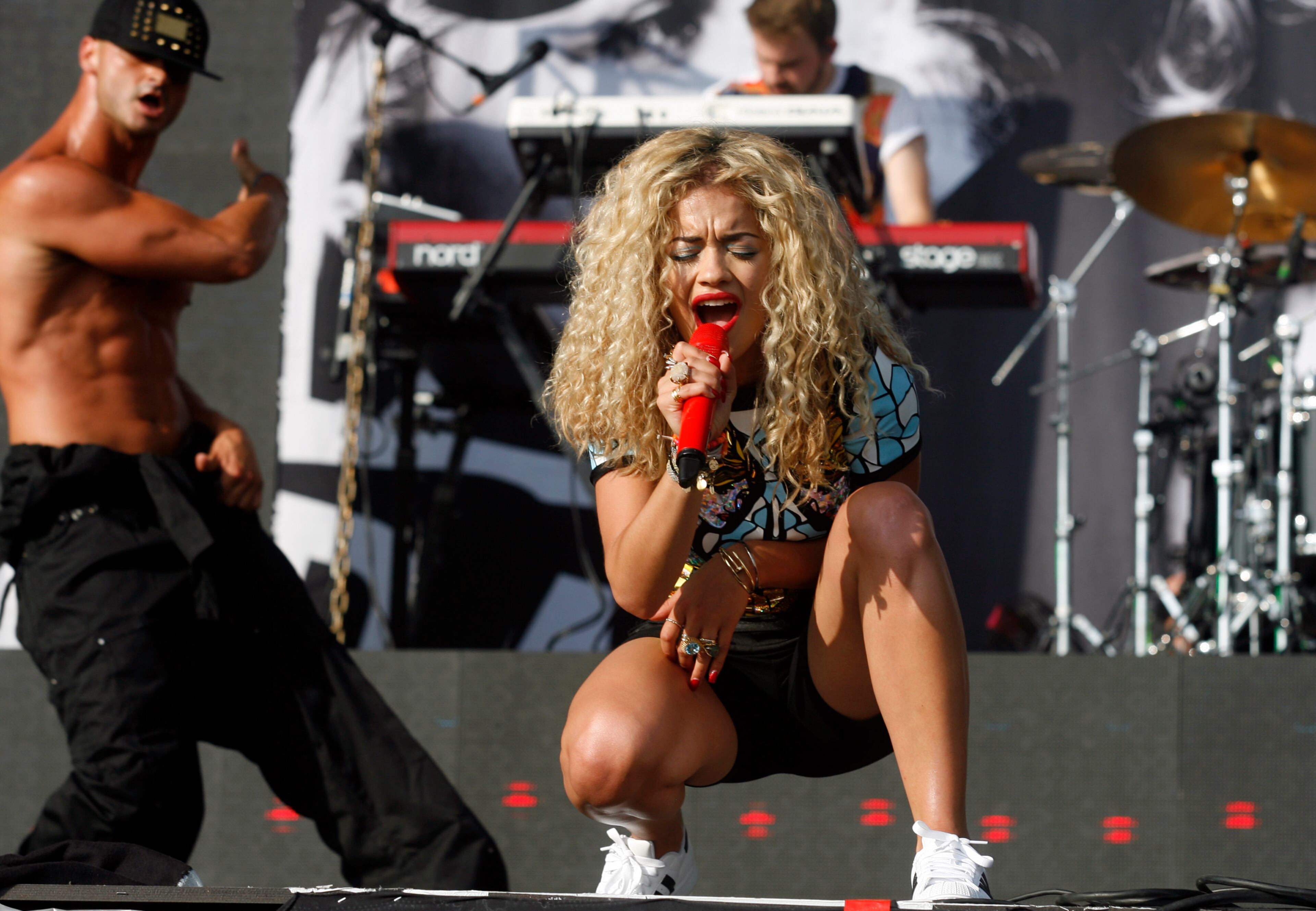 Rita Ora performs at the Yahoo Wireless Festival at the Queen Elizabeth Olympic Park in London in England on Saturday, July. 13, 2013. Thousands of people attended the event featuring headliner Jay Z. (Photo by Jim Ross/Invision/AP)