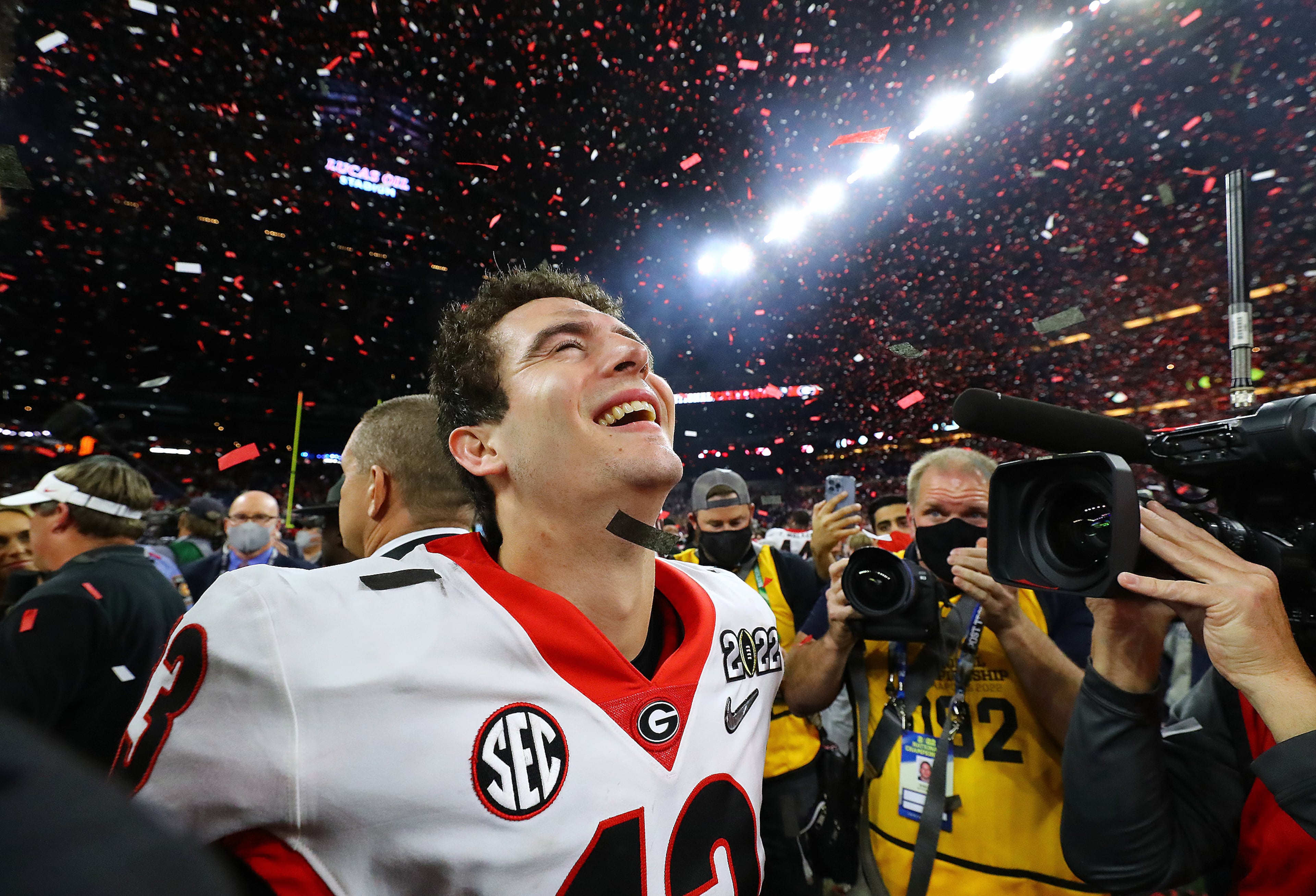 Georgia quarterback Stetson Bennett relishes the moment becoming emotional after beating Alabama to win the College Football Playoff Championship game on Monday, Jan. 10, 2022, in Indianapolis. “Curtis Compton / Curtis.Compton@ajc.com”`