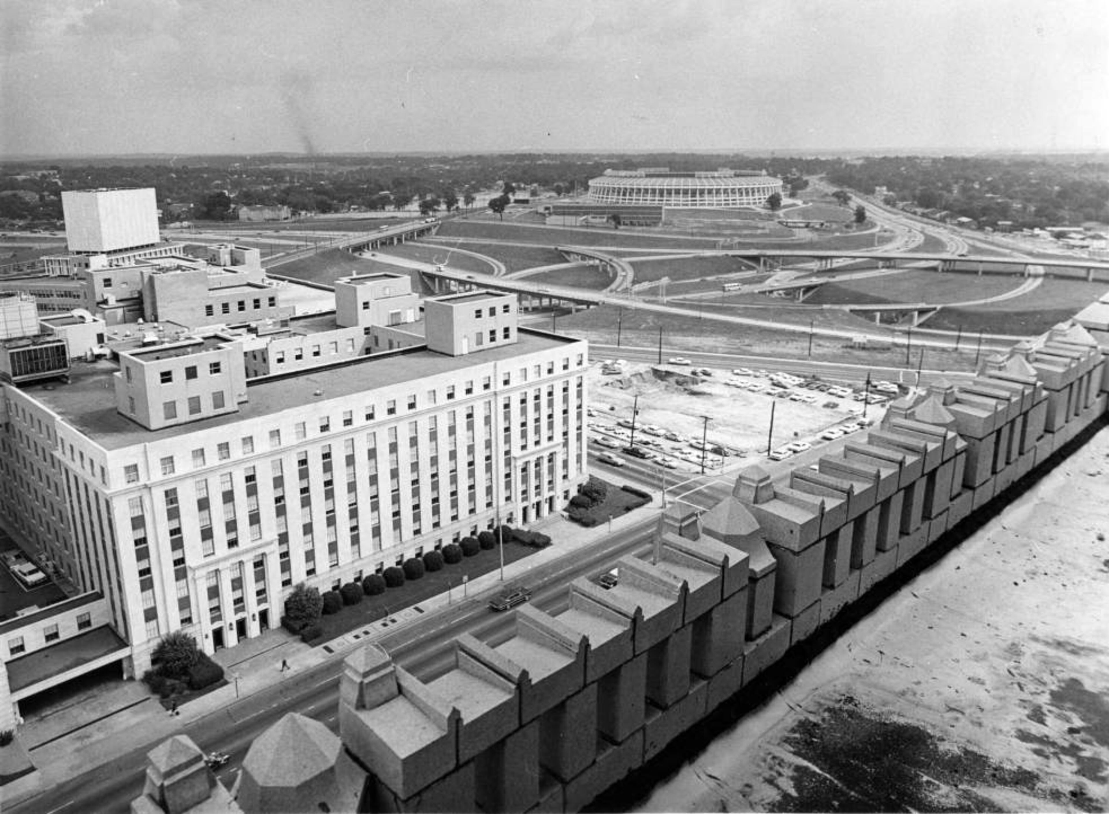 View of government buildings and the Atlanta-Fulton County stadium from atop Atlanta City Hall on November 3, 1965.