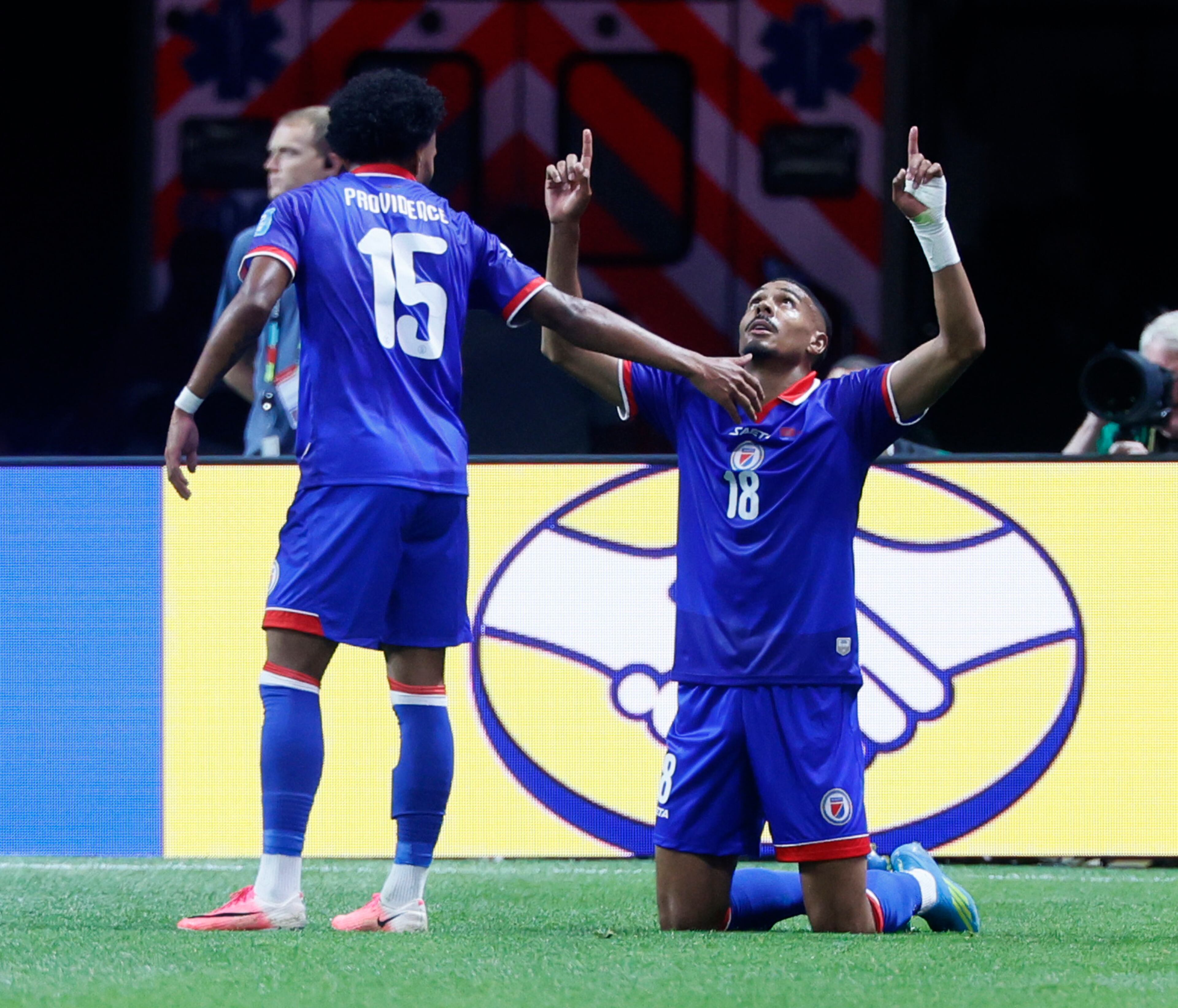 Haiti's Wilson Isidor, right, celebrates his goal with teammate Ruben Providence during first half of Morocco vs. Haiti Group C FIFA World Cup match at Atlanta Stadium (Mercedes-Benz Stadium) on Wednesday, June 24, 2026. (Miguel Martinez/AJC)