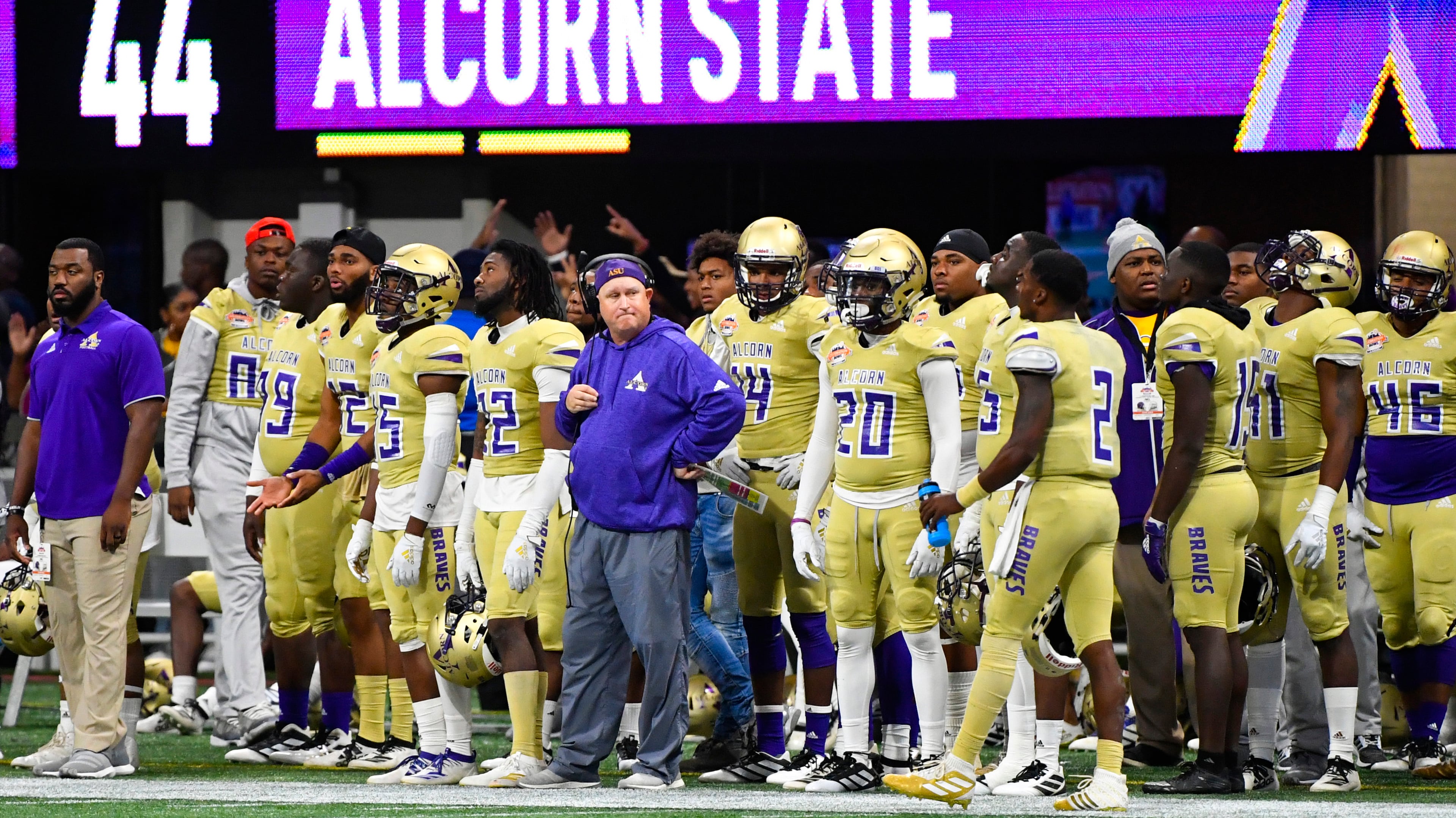 Alcorn State players and coaches stand on the sideline as North Carolina A&T scores a touchdown during the second half of the Celebration Bowl Saturday, Dec. 21, 2019, at Mercedes-Benz Stadium in Atlanta. North Carolina A&T won 64-44.