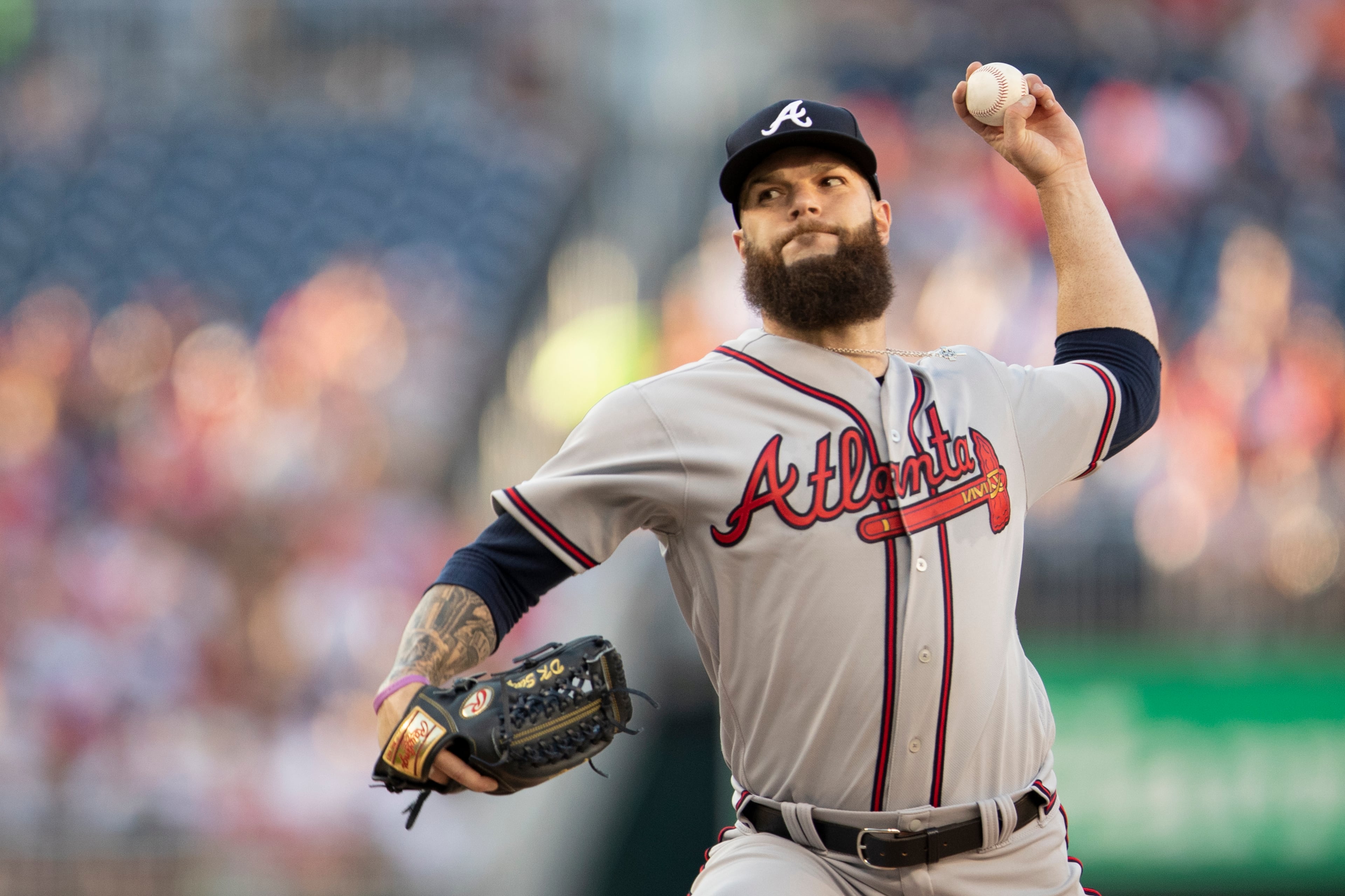 Atlanta Braves starting pitcher Dallas Keuchel throws during the first inning of a baseball game against the Washington Nationals in Washington, Friday, June 21, 2019. (AP Photo/Manuel Balce Ceneta)