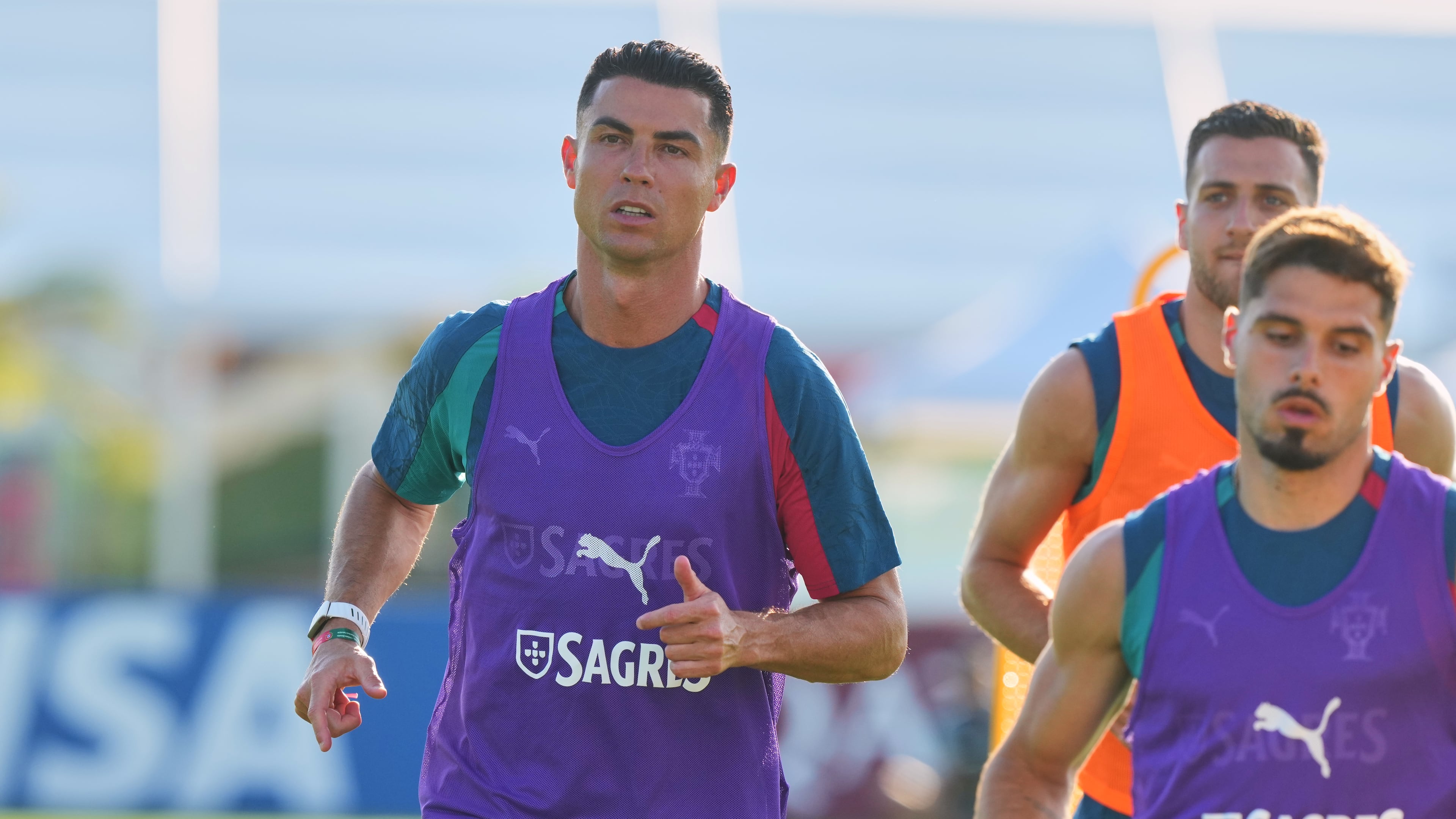 Portugal's Cristiano Ronaldo warms up during the men's national soccer team training session ahead of their FIFA World Cup soccer tournament Saturday, June 13, 2026, in Palm Beach Gardens, Fla. (AP Photo/Marta Lavandier)