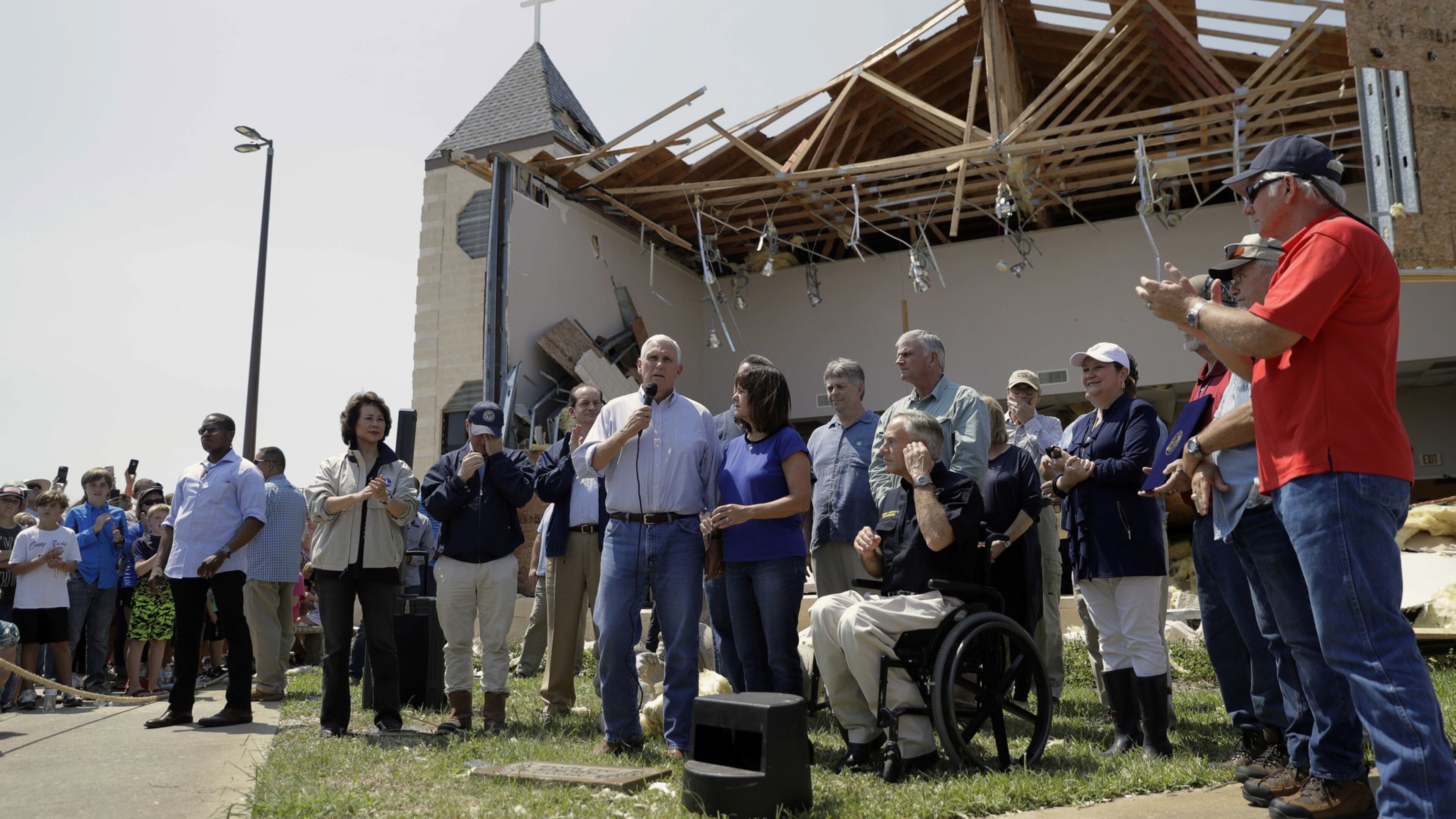 Vice President Mike Pence, with his wife, Karen, speaks to residents affected by Hurricane Harvey during a visit to the First Baptist Church in Rockport on Aug. 31. Nearly 894,000 people in Texas met last week’s deadline to register for federal disaster assistance, the Federal Emergency Management Agency says. (AP Photo/Eric Gay, File)