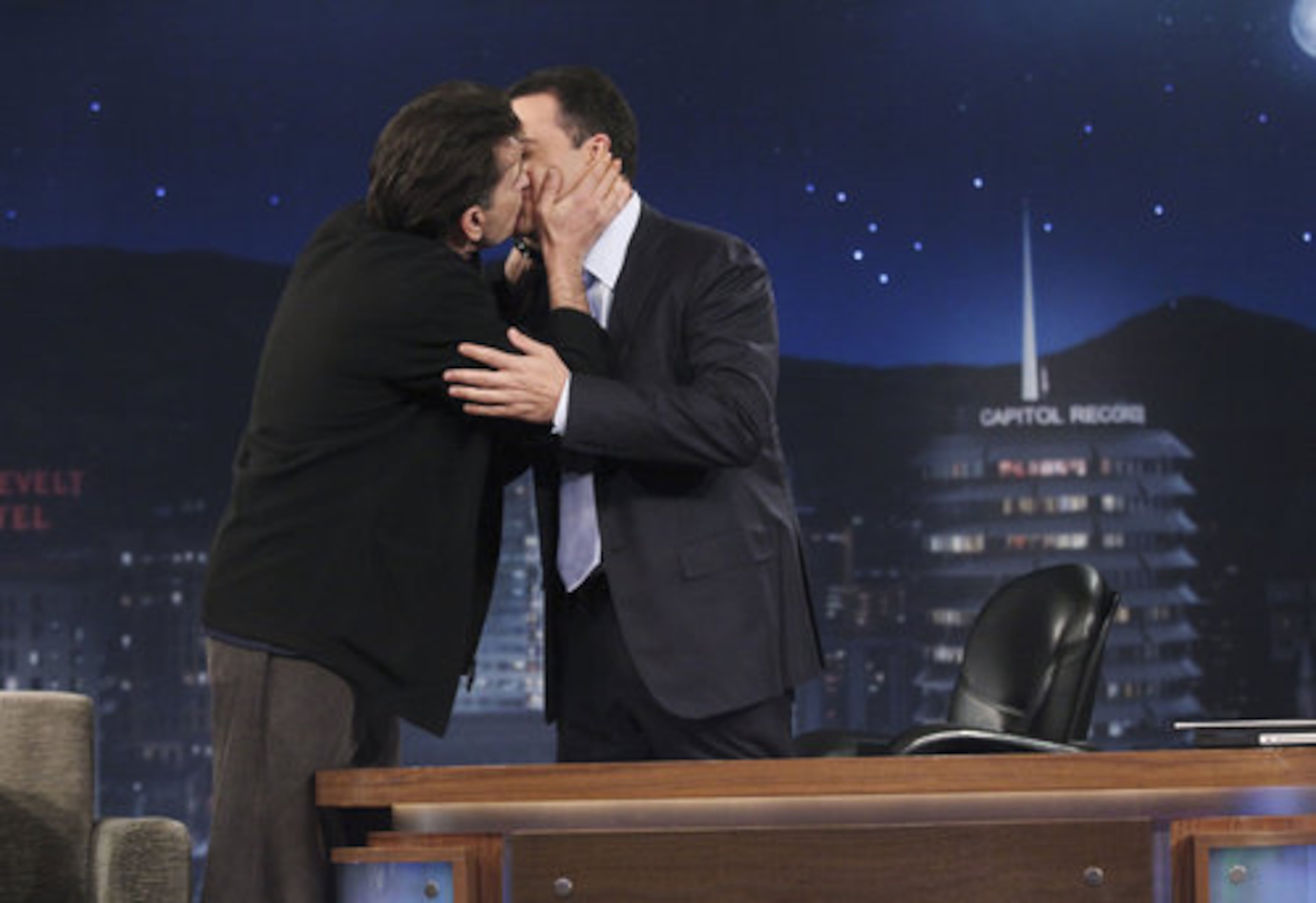 Sheen locked lips with Jimmy Kimmel for a wild on-air kiss.