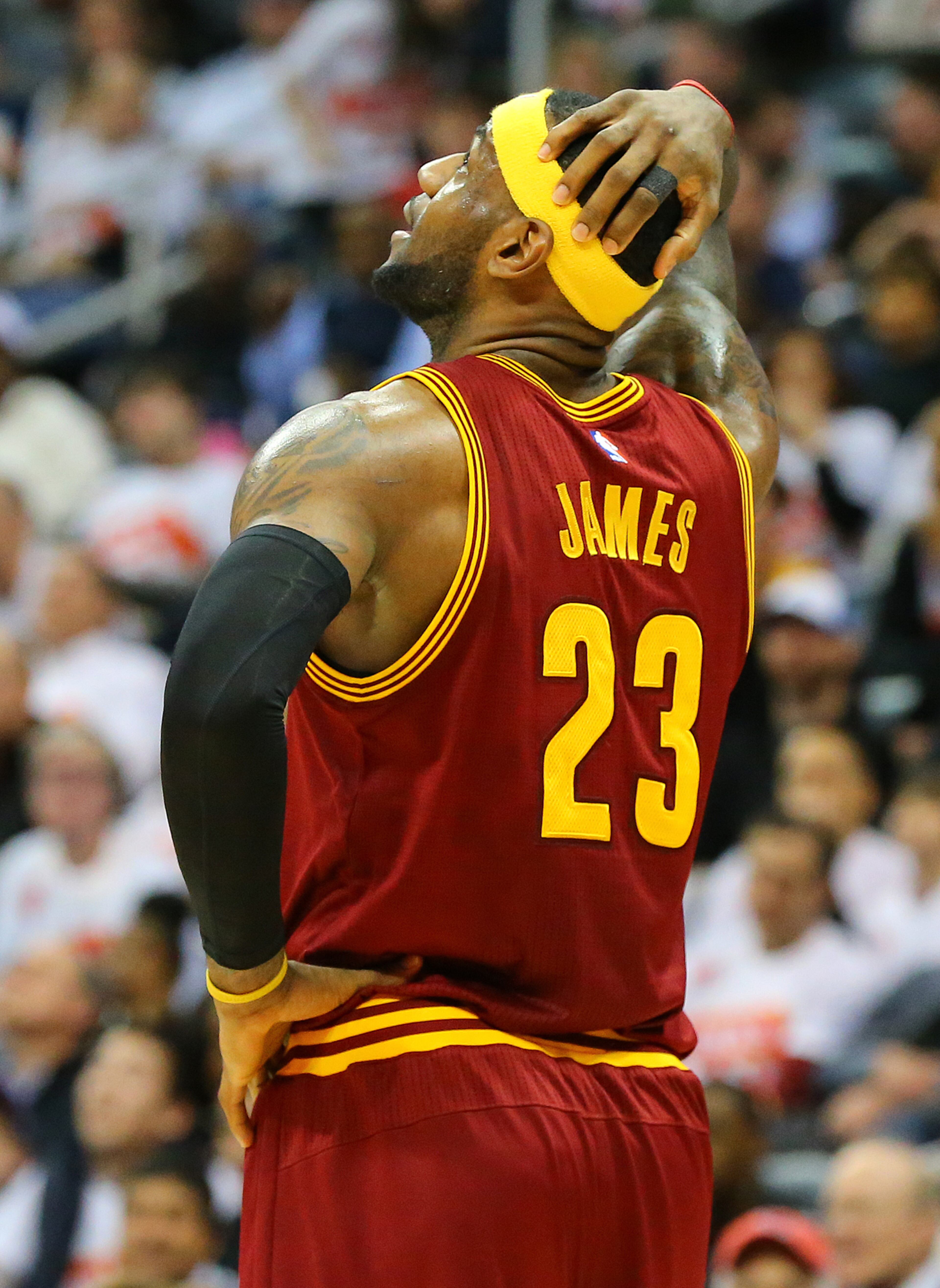030615 ATLANTA: Cavaliers LeBron James reacts to a call during a 106-97 loss to the Hawks in a basketball game on Friday, March 6, 2015, in Atlanta. Curtis Compton / ccompton@ajc.com