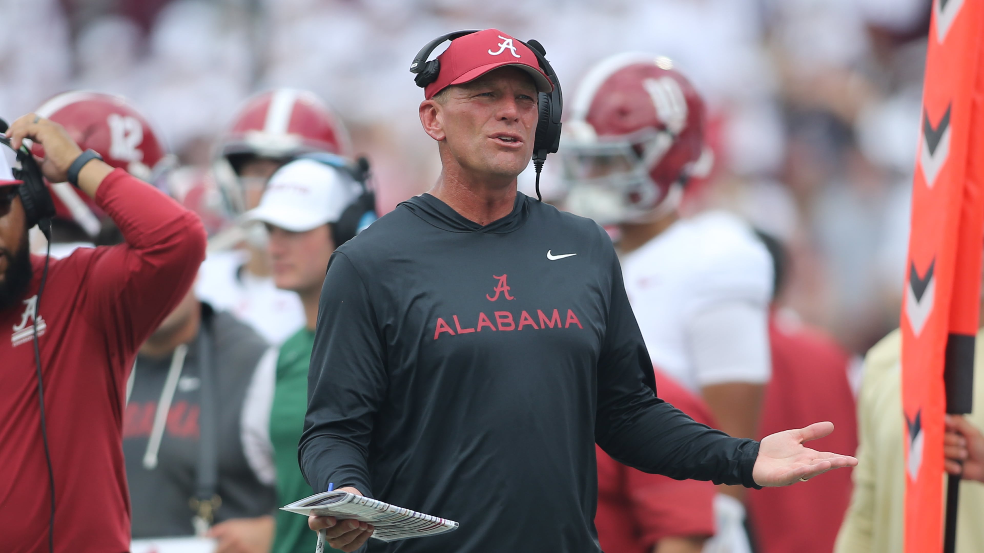 Alabama head coach Kalen DeBoer reacts to a call during the second half of an NCAA college football game in Starkville, Miss., Saturday, Oct. 3, 2026. (AP Photo/James Pugh)