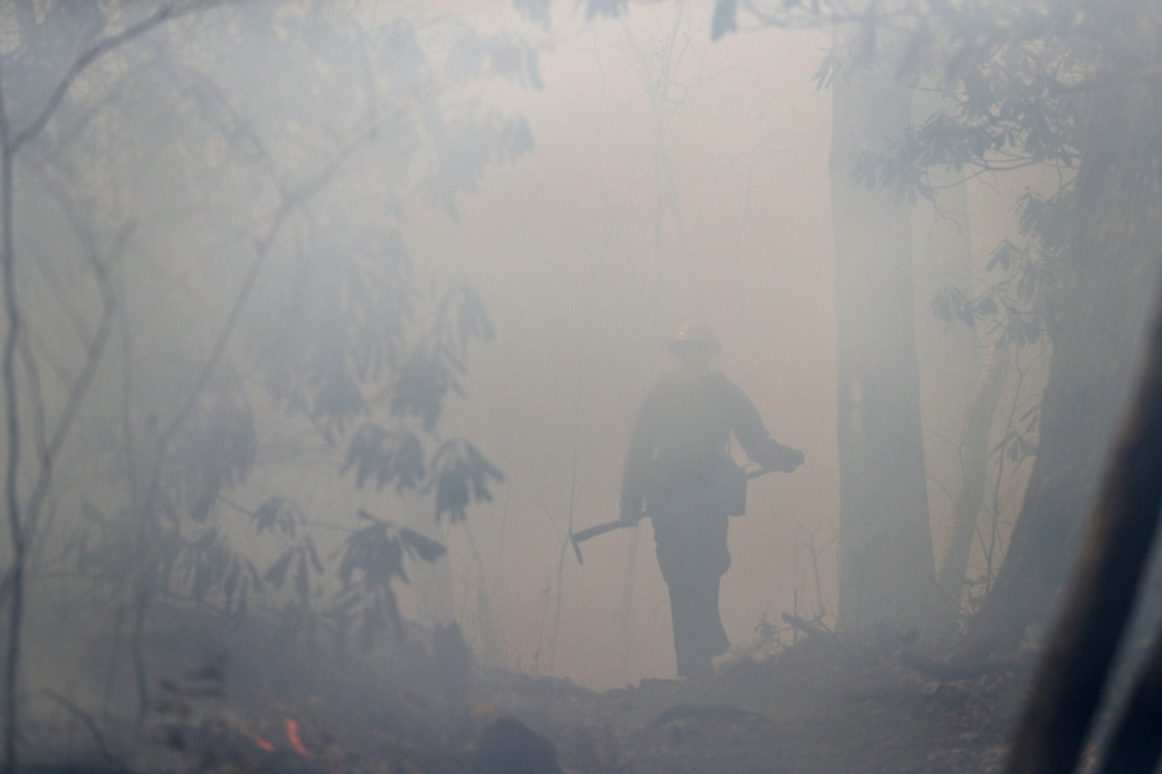 November 22, 2016, Tate City: California firefighter Zane Roberts is barely visable through heavy smoke while working to hold the northern head of the Rock Mountain Fire on the Appalachian Trail at Deep Gap on Tuesday, Nov. 22, 2016, north of Tate City and the North Carolina border. The area is deep in the Natahala National Forest. Curtis Compton/ccompton@ajc.com