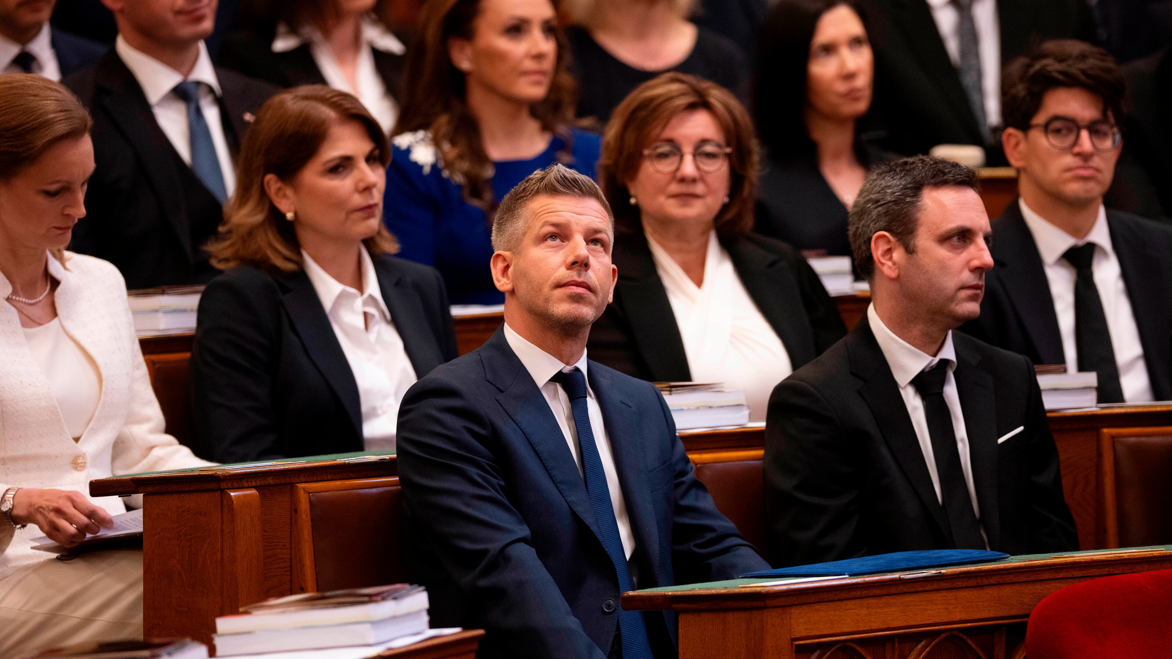 Hungarian Prime Minister-elect Peter Magyar gestures before the inauguration ceremony at the Parliament in Budapest, Hungary, Saturday, May 9, 2026. (AP Photo/Denes Erdos)