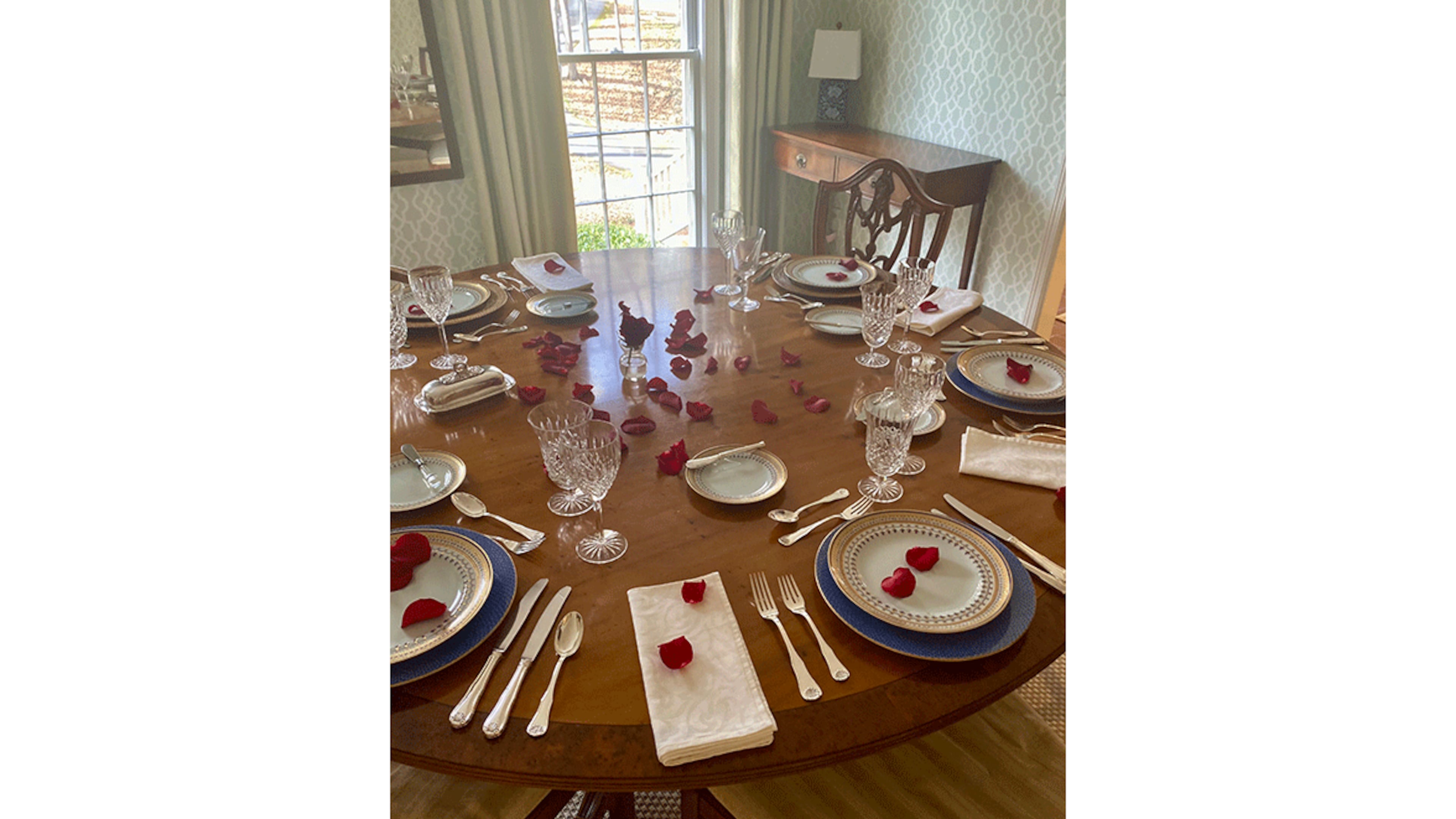 Michael and Natalie Aide recently hired etiquette expert Peggy Newfield to give their daughters a lesson in table manners. "With COVID, everyone has reverted back to sweatpants, eating on the couch in front of the TV, wiping their sleeves instead of using a napkin," said Natalie Aide. "I think some people are ready to have a sense of elegance back in their life."
Courtesy of Natalie Aide