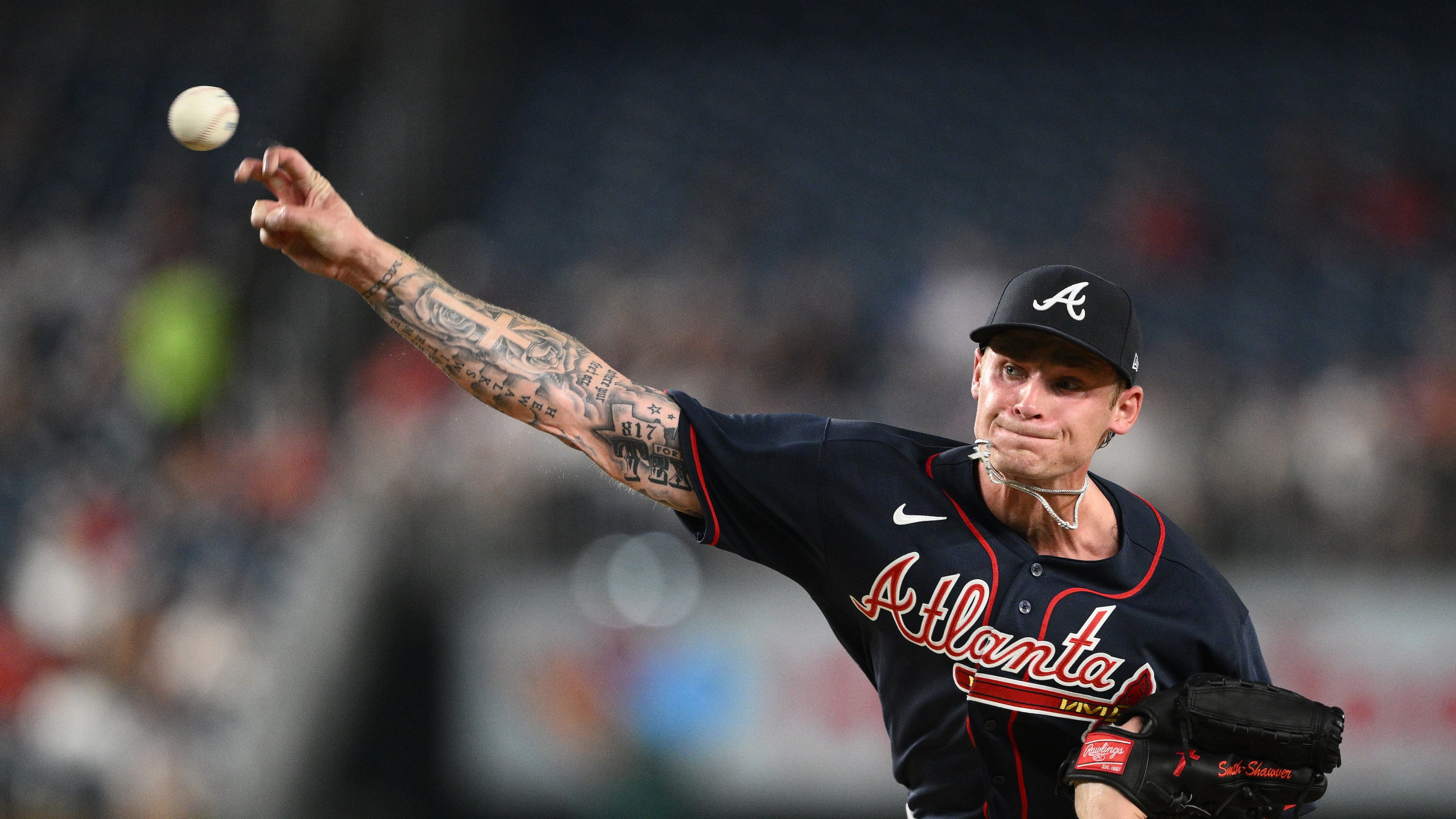 Braves pitcher AJ Smith-Shawver throws during the third inning of a baseball game against the Washington Nationals, Tuesday, Sept. 1, 2026, in Washington. (AP Photo/Nick Wass)