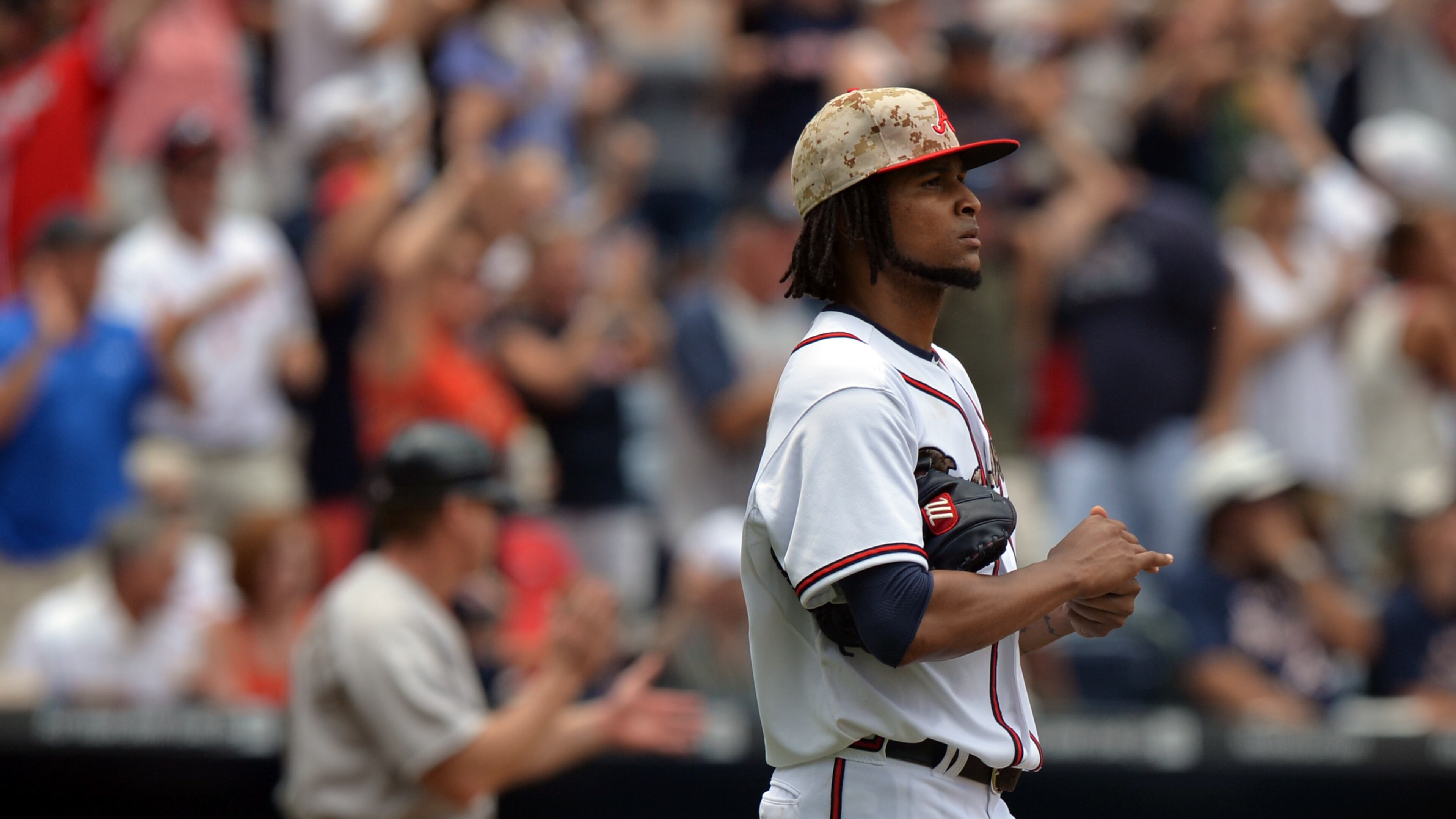 Braves pitcher Ervin Santana reacts after giving up a three run home run to David Ortiz in the 5th inning Monday May 26, 2014 at Turner Field. BRANT SANDERLIN /BSANDERLIN@AJC.COM