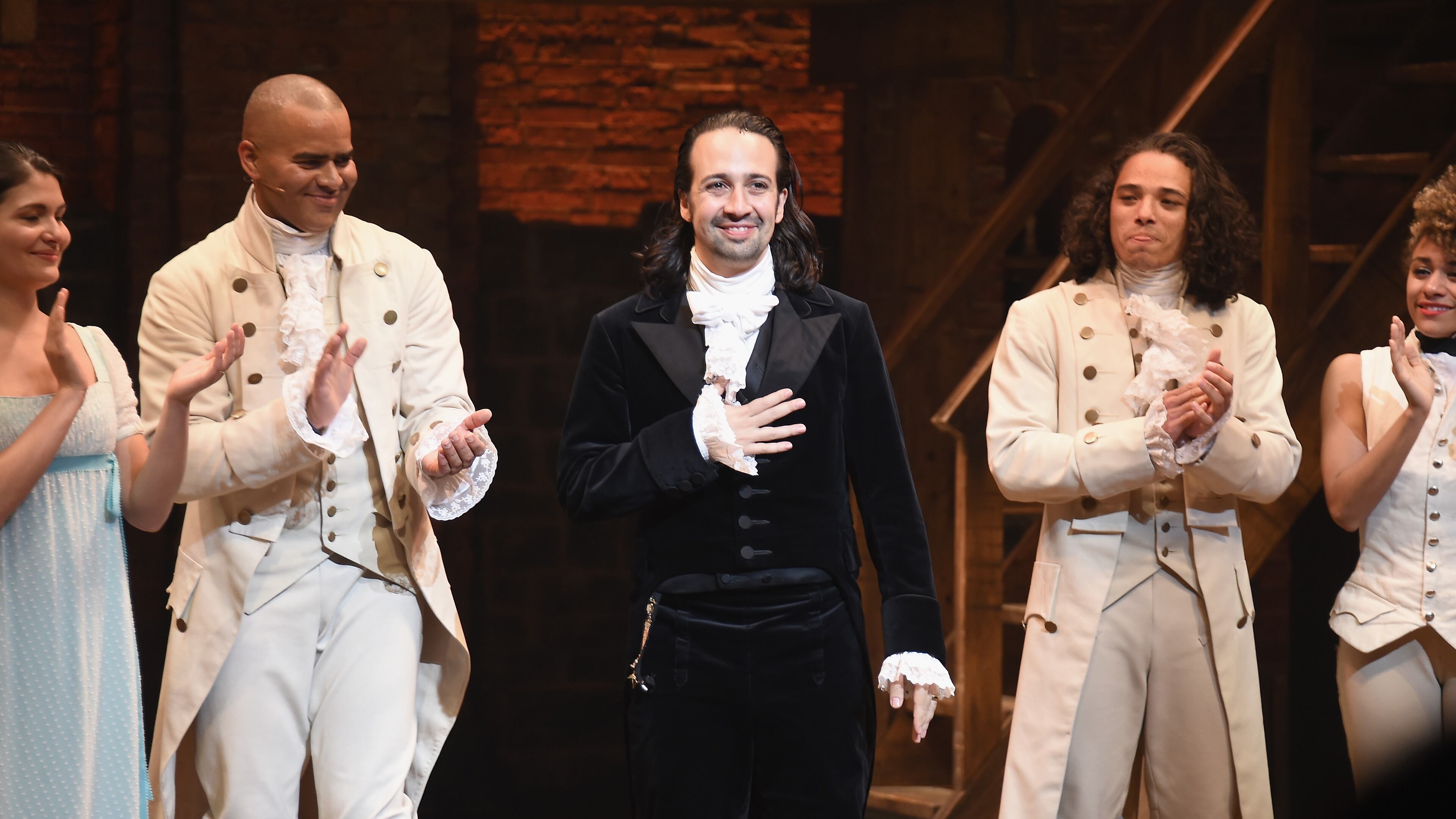 NEW YORK, NY - JULY 09: (L-R) Phillipa Soo, Christopher Jackson, Lin-Manuel Miranda and Anthony Ramos attend Lin-Manuel Miranda's final performance of "Hamilton" on Broadway at Richard Rodgers Theatre on July 9, 2016 in New York City. (Photo by Nicholas Hunt/Getty Images)