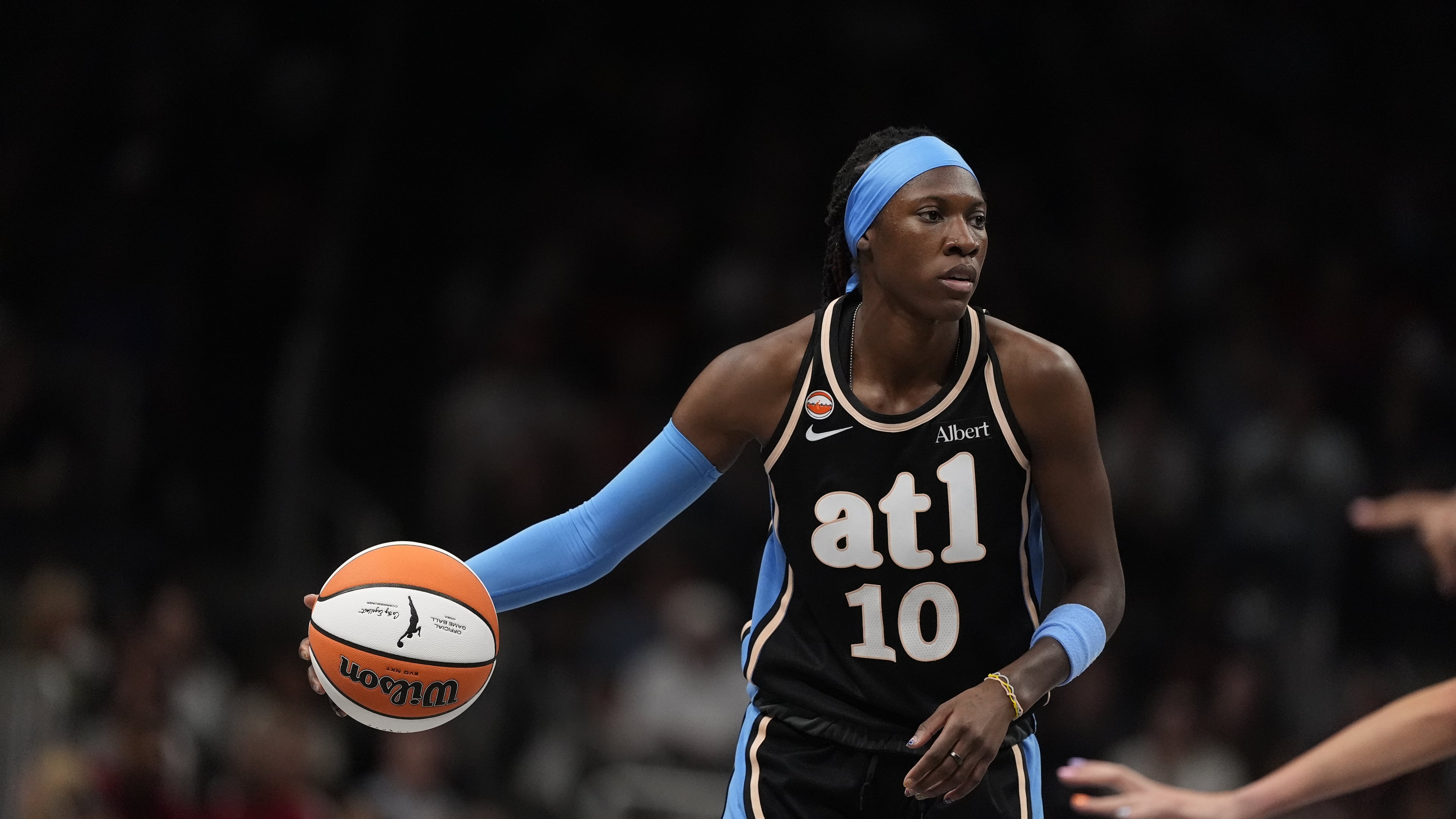 Dream guard Rhyne Howard (10) in the first half of an WNBA basketball game against the Sunday, Aug. 16, 2026, in Atlanta. (AP Photo/Brynn Anderson)