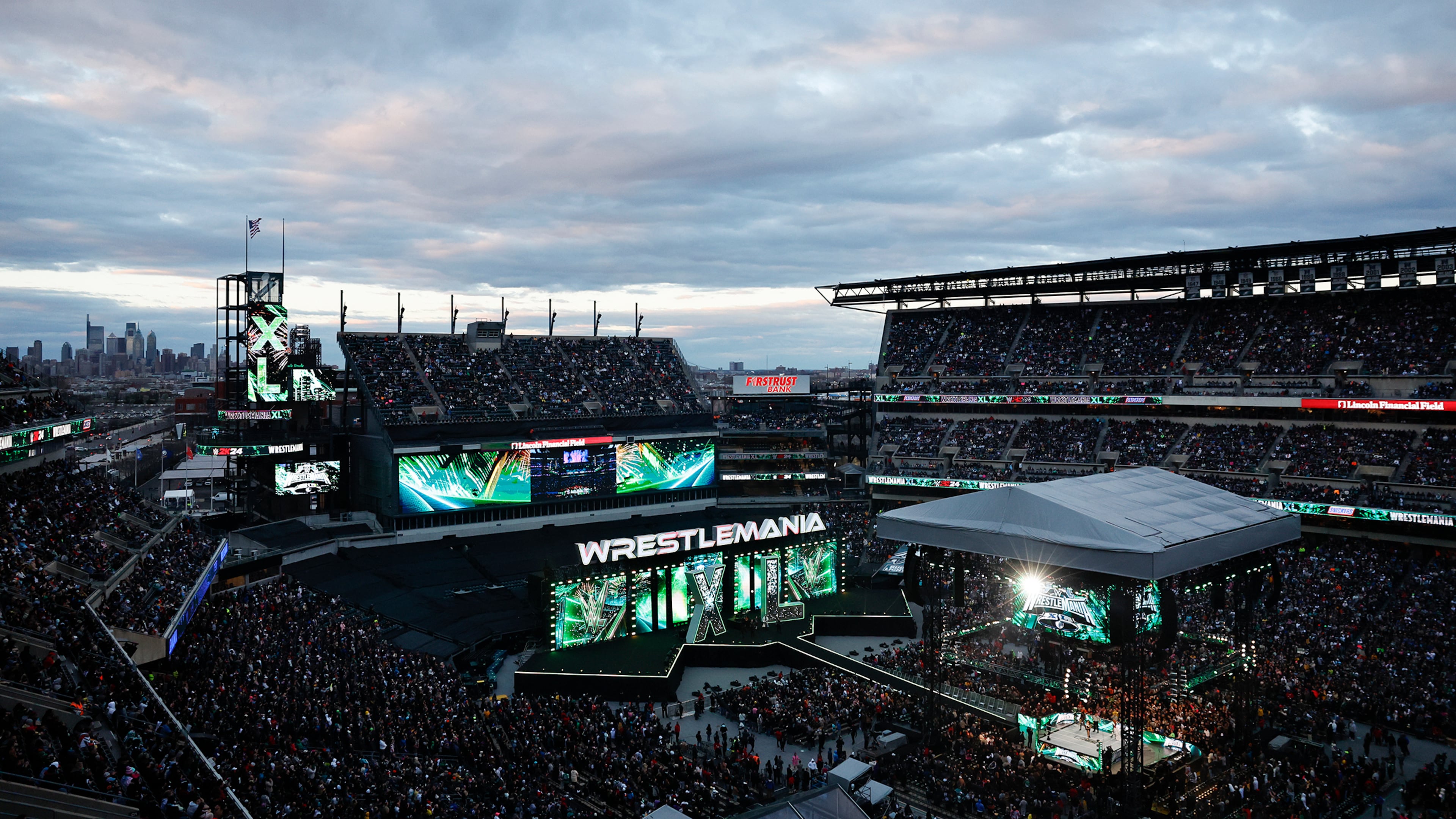 FILE - WrestleMania XL prepares at Lincoln Financial Field on April 6, 2024. (Yong Kim/The Philadelphia Inquirer via AP, File)