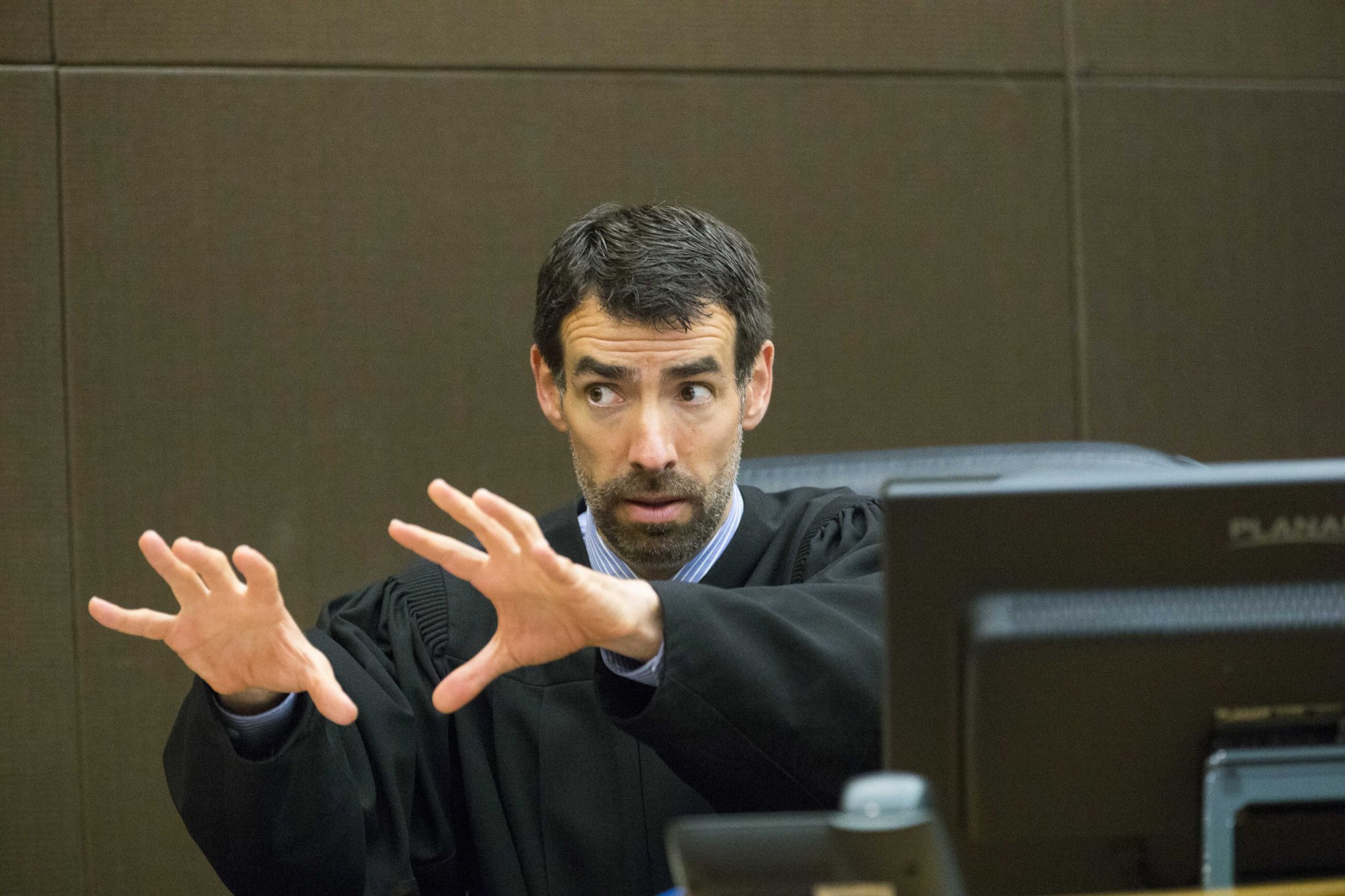 Fulton County Chief Judge Robert McBurney speaks with jurors Friday, the nineteenth day of the McIver trial. Although he dropped two charges against McIver earlier in the week, he denied a request for a mistrial on Friday. ALYSSA POINTER/ALYSSA.POINTER@AJC.COM