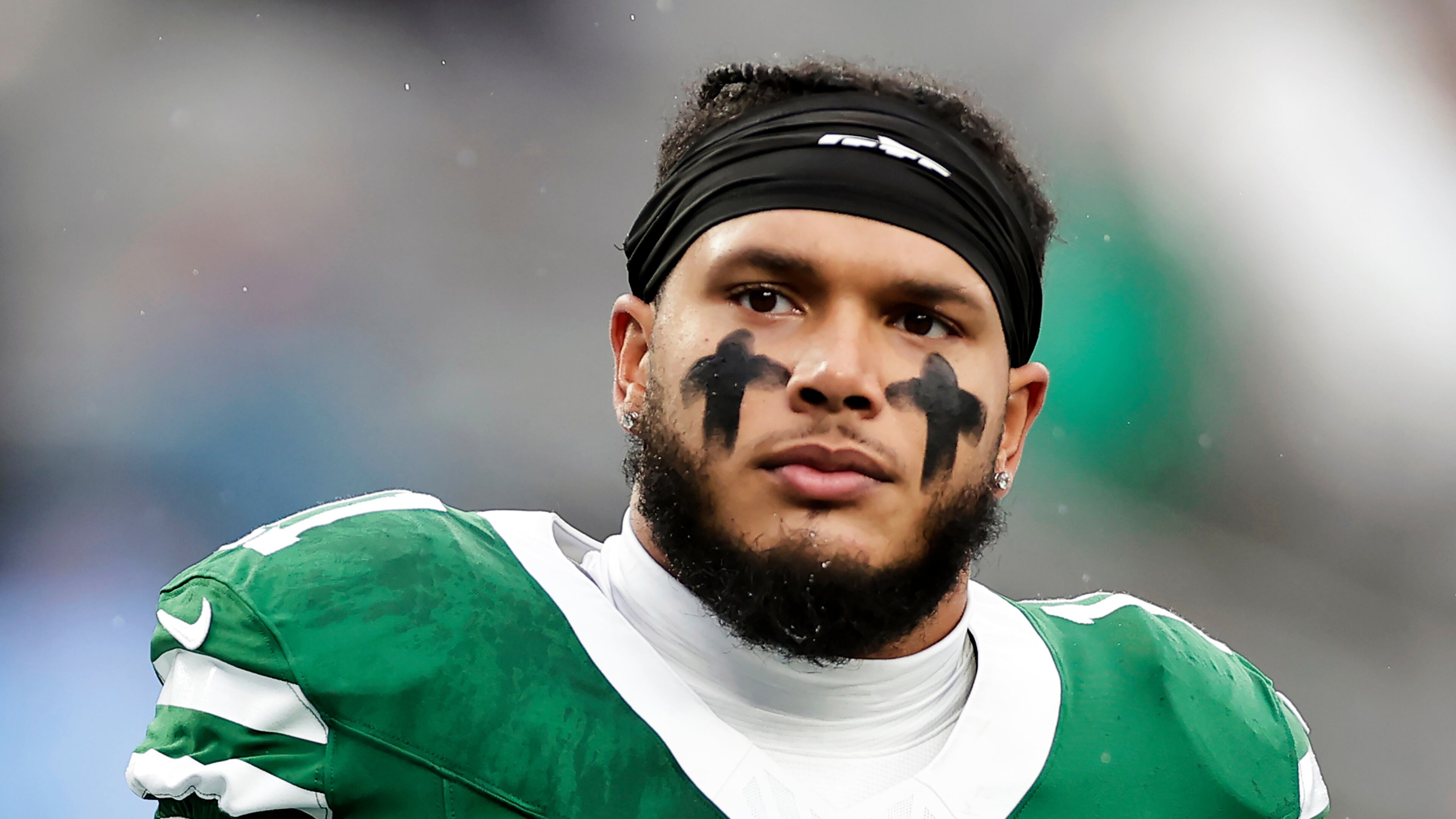 FILE - New York Jets linebacker Jermaine Johnson (11) warms up before an NFL football game against the Atlanta Falcons, Sunday, Nov. 30, 2025, in East Rutherford, N.J. (AP Photo/Adam Hunger, File)