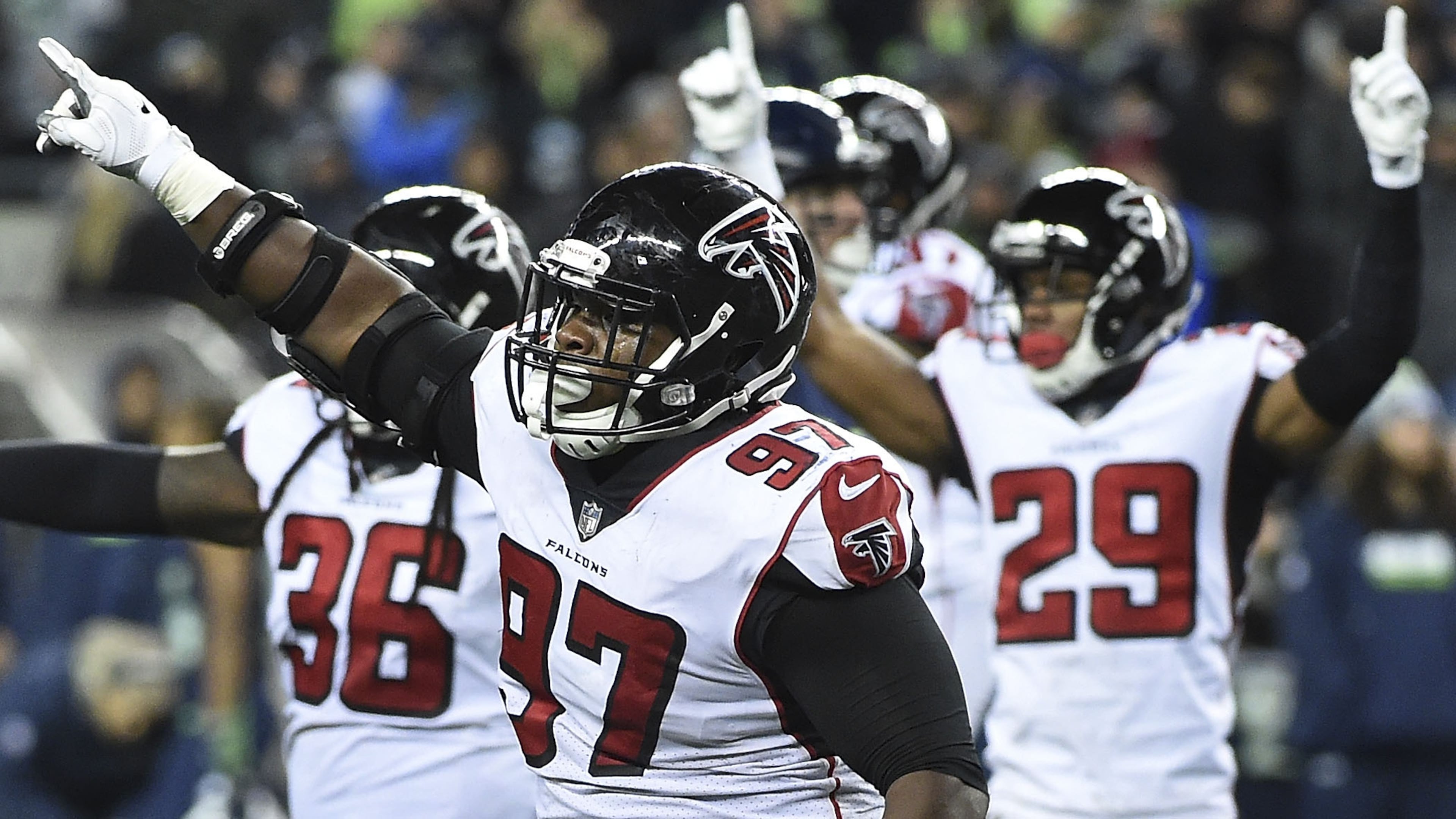 Defensive tackle Grady Jarrett #97 of the Atlanta Falcons reacts after the Seattle Seahawks missed a long field goal attempt in the last minute of the during the fourth quarter of the game at CenturyLink Field on November 20, 2017 in Seattle, Washington. The Falcons won the game 34-31. (Photo by Steve Dykes/Getty Images)