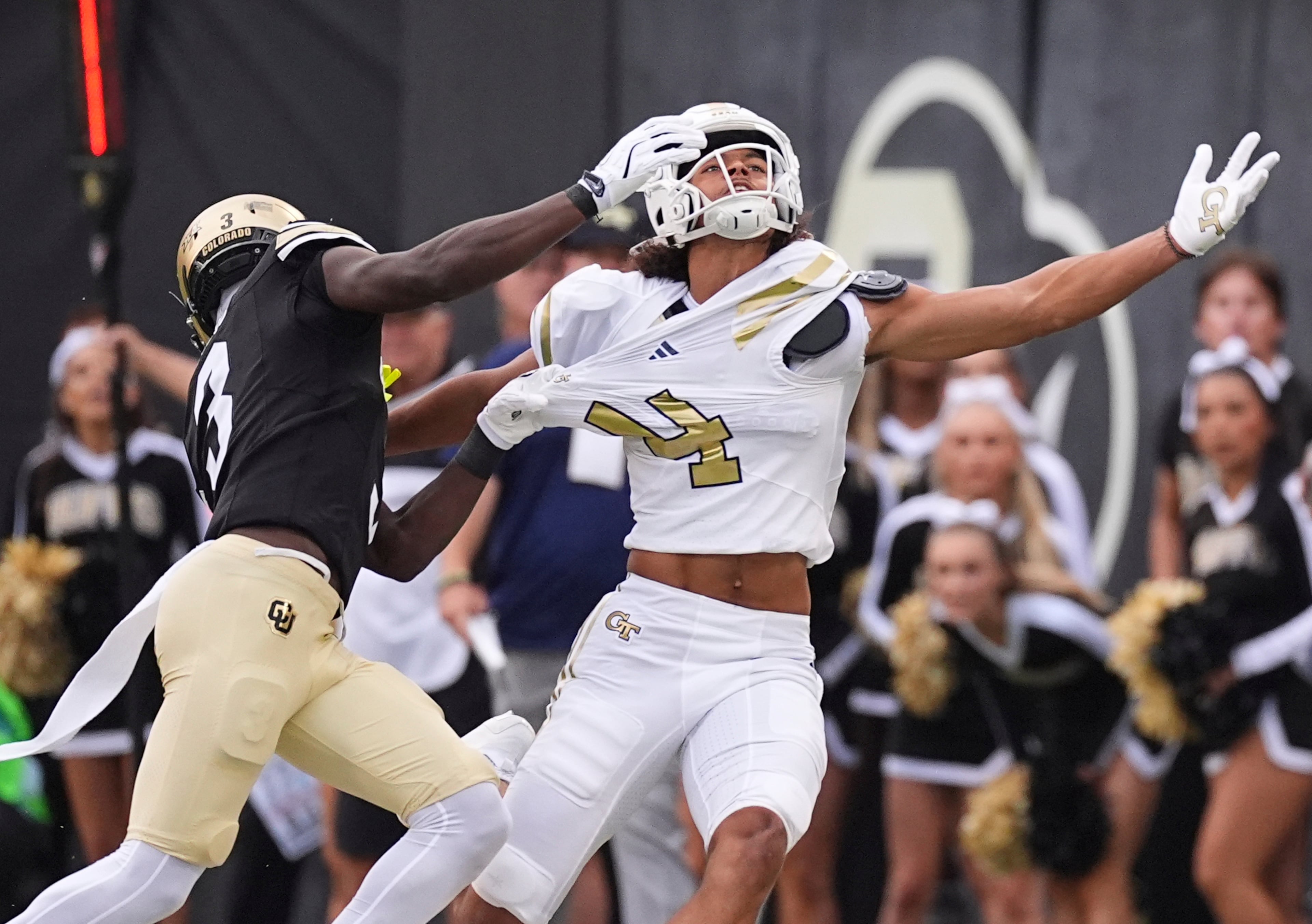 Colorado cornerback Teon Parks (left) is called for pass interference while covering Georgia Tech wide receiver Isiah Canion during the first half on Friday, Aug. 29, 2025, in Boulder, Colo. (David Zalubowski/AP)