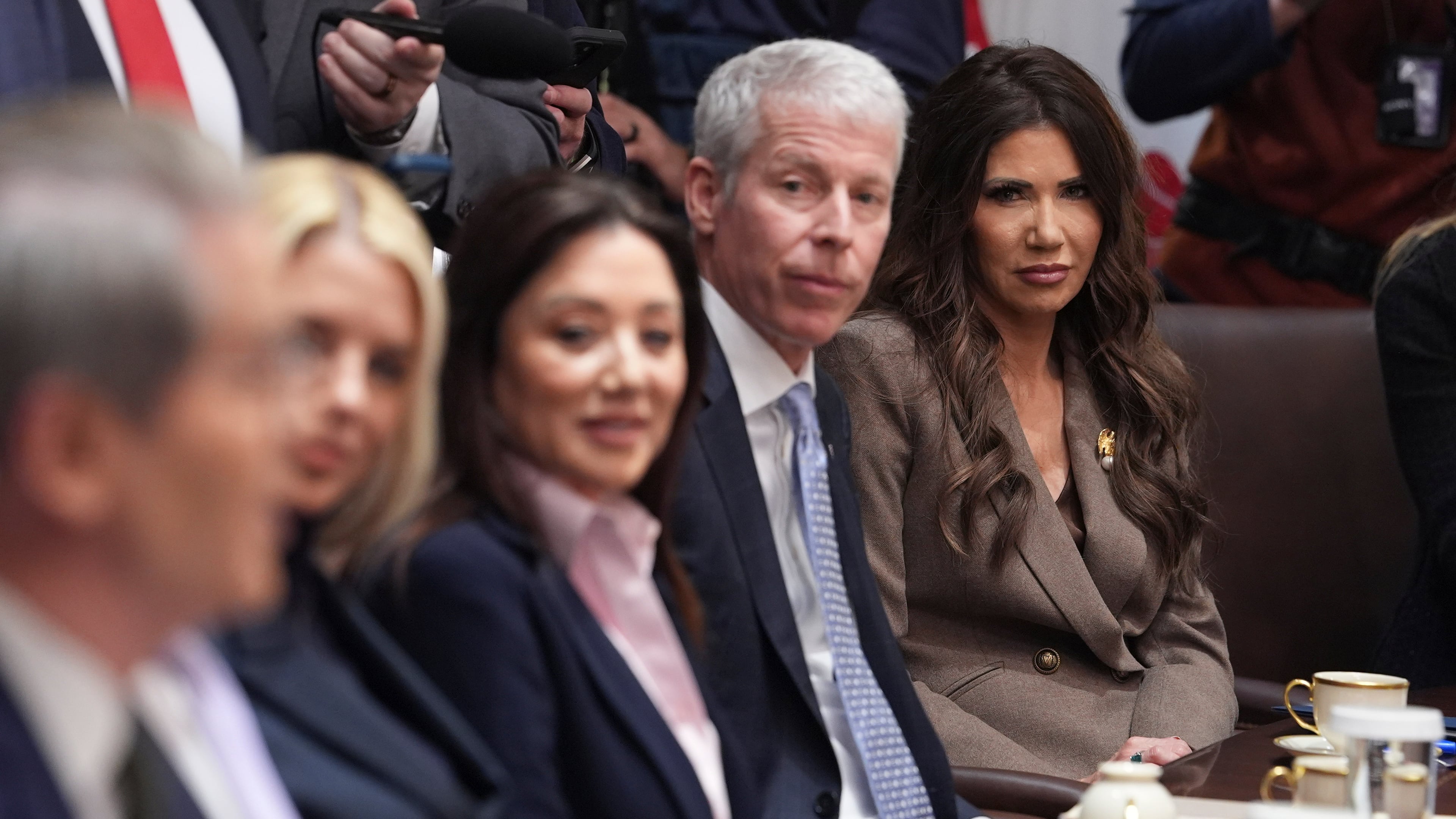 From left, Treasury Secretary Scott Bessent speaks as Attorney General Pam Bondi, Labor Secretary Lori Chavez-DeRemer, Energy Secretary Chris Wright, and Homeland Security Secretary Kristi Noem listen during a cabinet meeting at the White House, Thursday, Jan. 29, 2026, in Washington. (AP Photo/Evan Vucci)