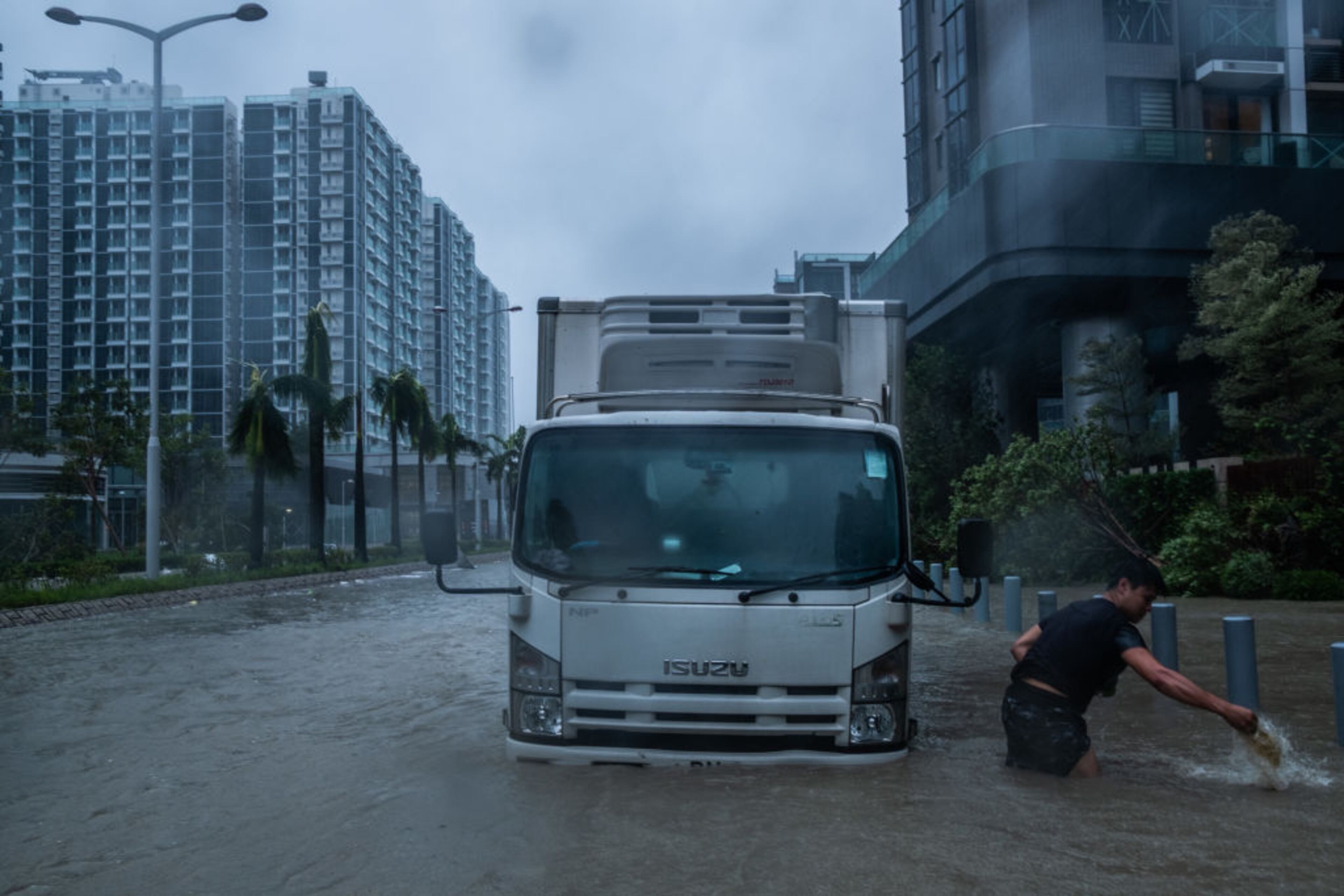 HONG KONG, HONG KONG - SEPTEMBER 16: Flooded road is seen on September 16, 2018 in Hong Kong, Hong Kong. City officials raised the storm alert to T10, it's highest level, as Typhoon Mangkhut landed on Hong Kong. The strongest tropical storm of the season so far, with winds as fast as 200 kilometres per hour, Mangkhut has reportedly killed at least 25 people in the Philippines as it continues it's path towards southern China. (Photo by Lam Yik Fei/Getty Images)