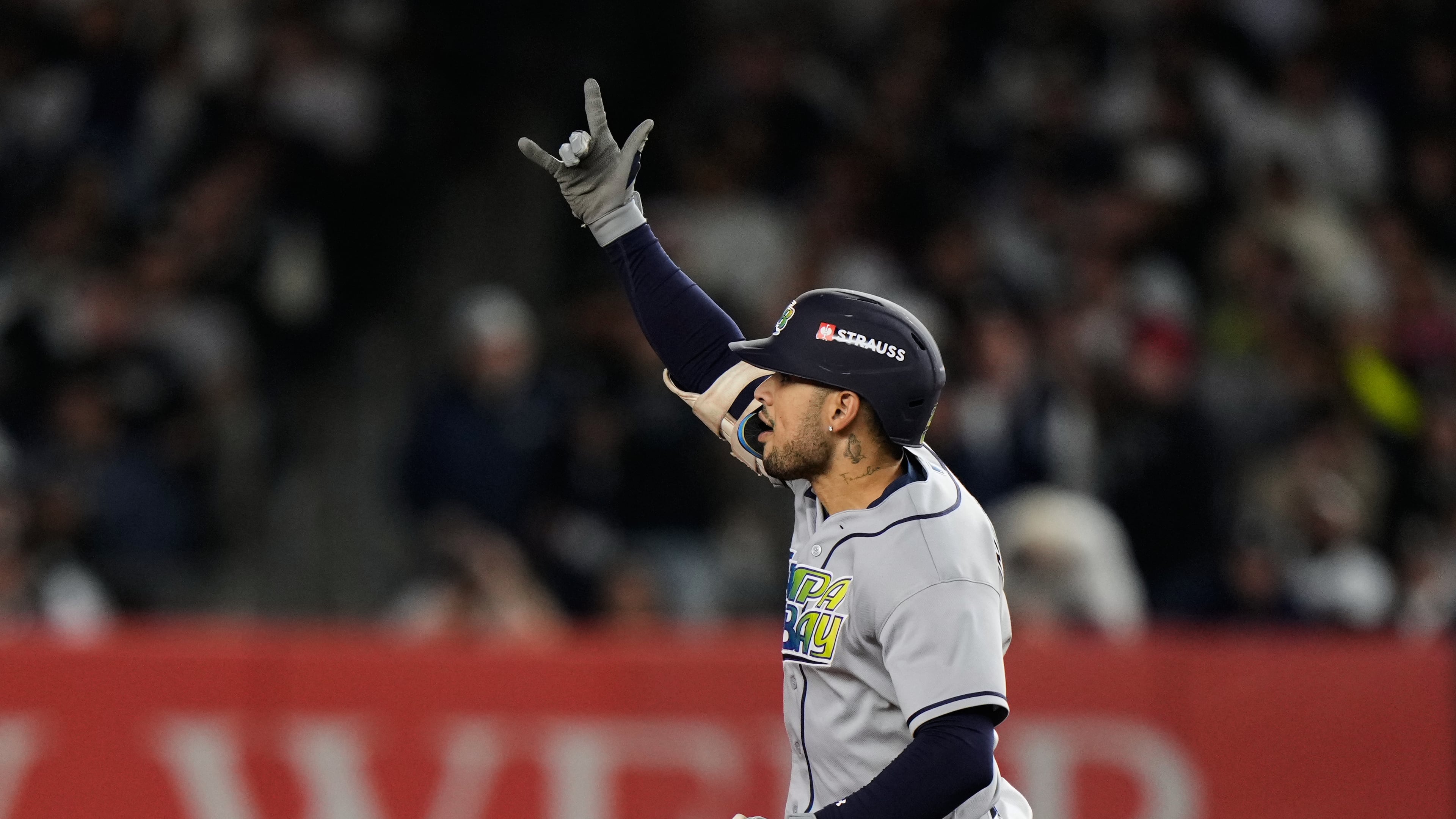 Tampa Bay Rays' Victor Mesa Jr. celebrates his two-run home run during the sixth inning in Game 3 of baseball's American League Division Series against the New York Yankees, Wednesday, Oct. 7, 2026, in New York. (AP Photo/Seth Wenig)