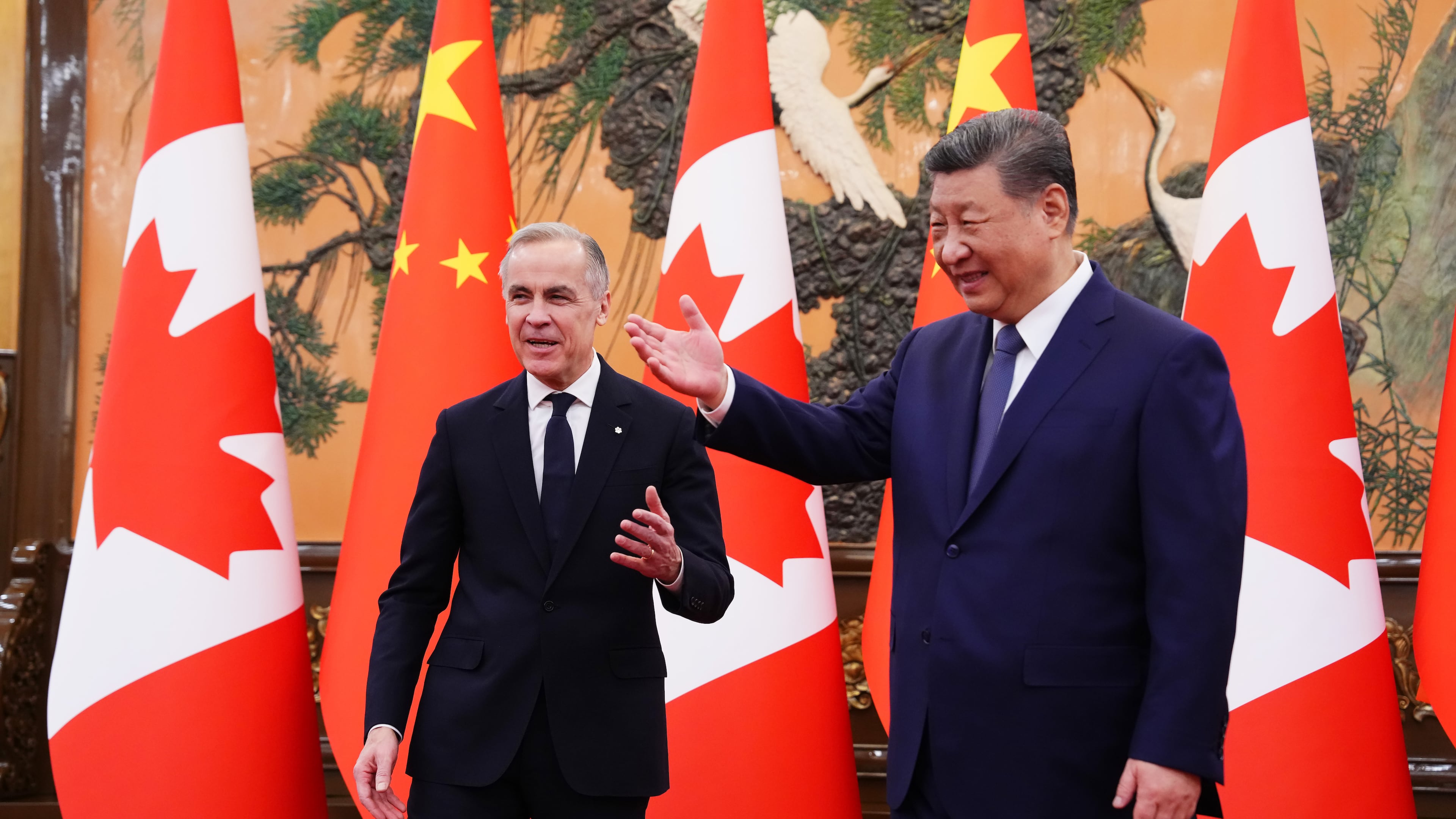 Canadian Prime Minister Mark Carney, left, meets with President of China Xi Jinping at the Great Hall of the People in Beijing, China, on Friday, Jan. 16, 2026. (Sean Kilpatrick/The Canadian Press via AP)