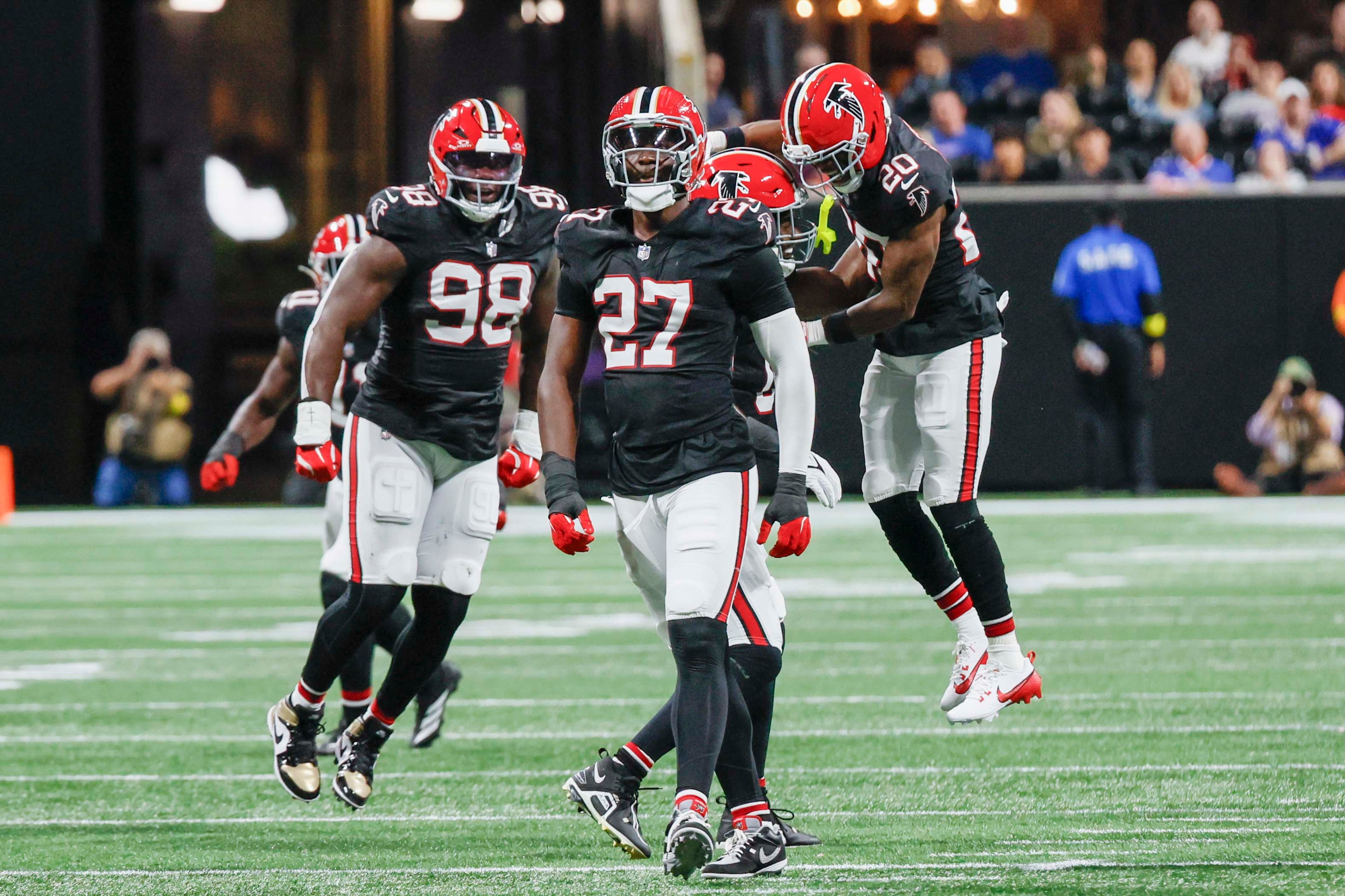 Atlanta Falcons defensive end James Pearce Jr. (27) reacts after a sack against Buffalo Bills quarterback Jason Allen (17) during the second half of an NFL football game against the Buffalo Bills at Mercedes-Benz Stadium in Atlanta on Monday, October 13, 2025.
(Miguel Martinez/ AJC)