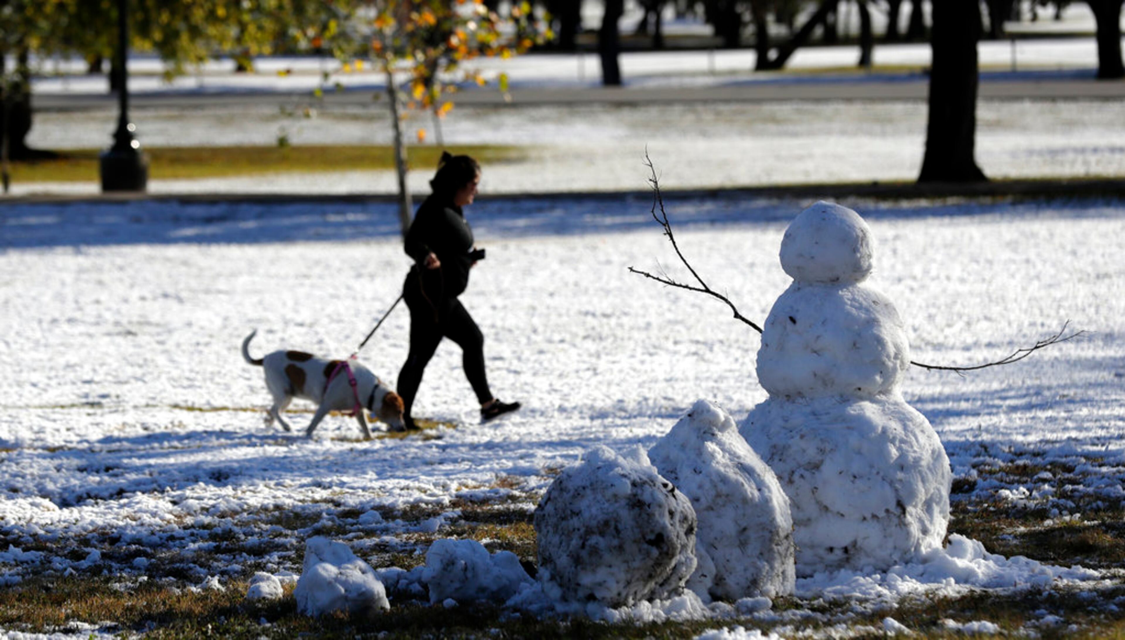 A woman passes a snowman as she walks her dog through a snow covered park, Friday, Dec. 8, 2017, in San Antonio. The National Weather Service said up to 2.5 inches of snow had been measured in the San Antonio area. The most recent comparable snowfall in San Antonio was in January 1987, when 1.3 inches of snow accumulated, but the most recent major snowfall was 13.2 inches in January 1985. (AP Photo/Eric Gay)